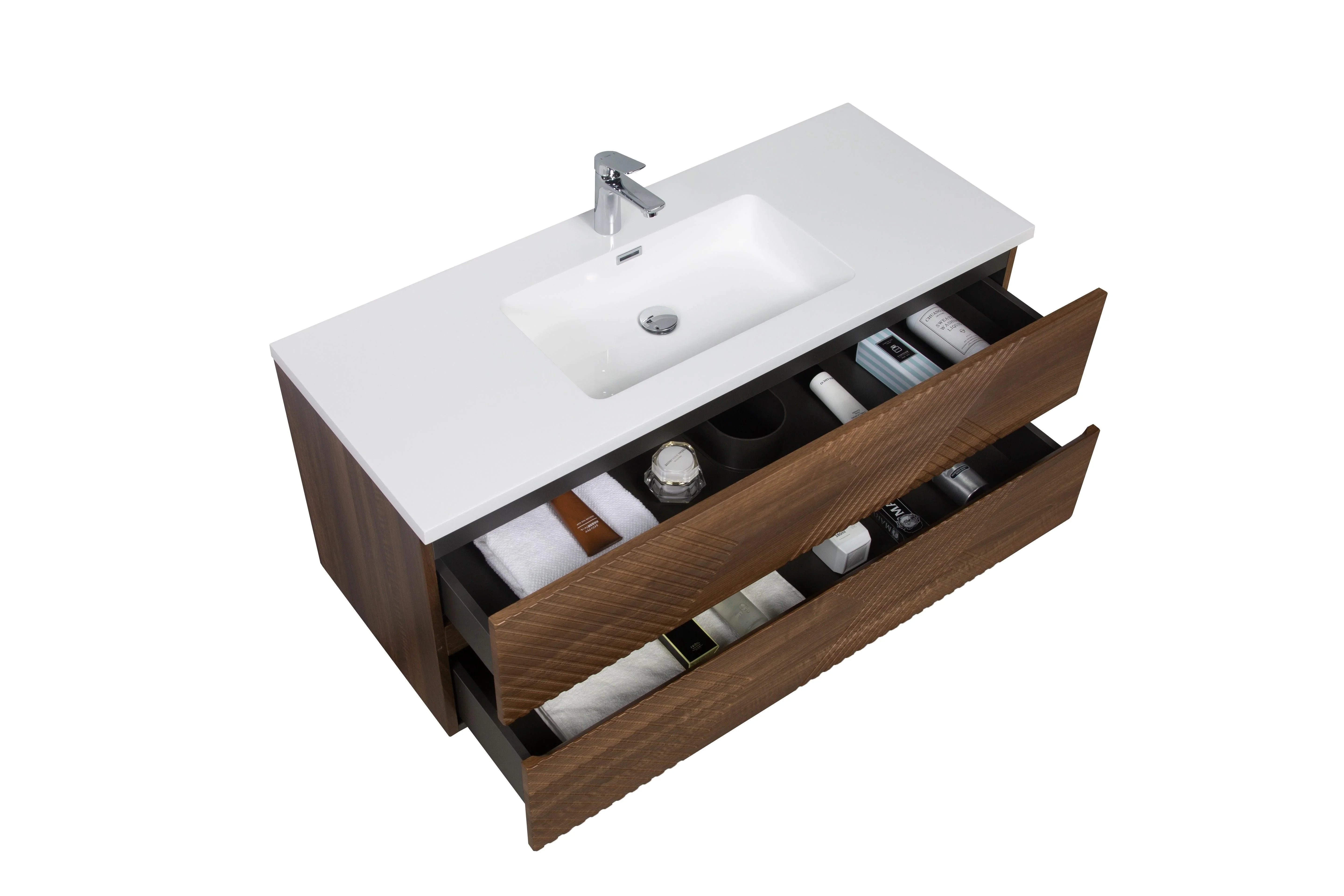 48" Walnut Wall Mount Single Sink Bathroom Vanity with White Polymarble Countertop-Migration_Bathroom Vanities-DECOROLALA