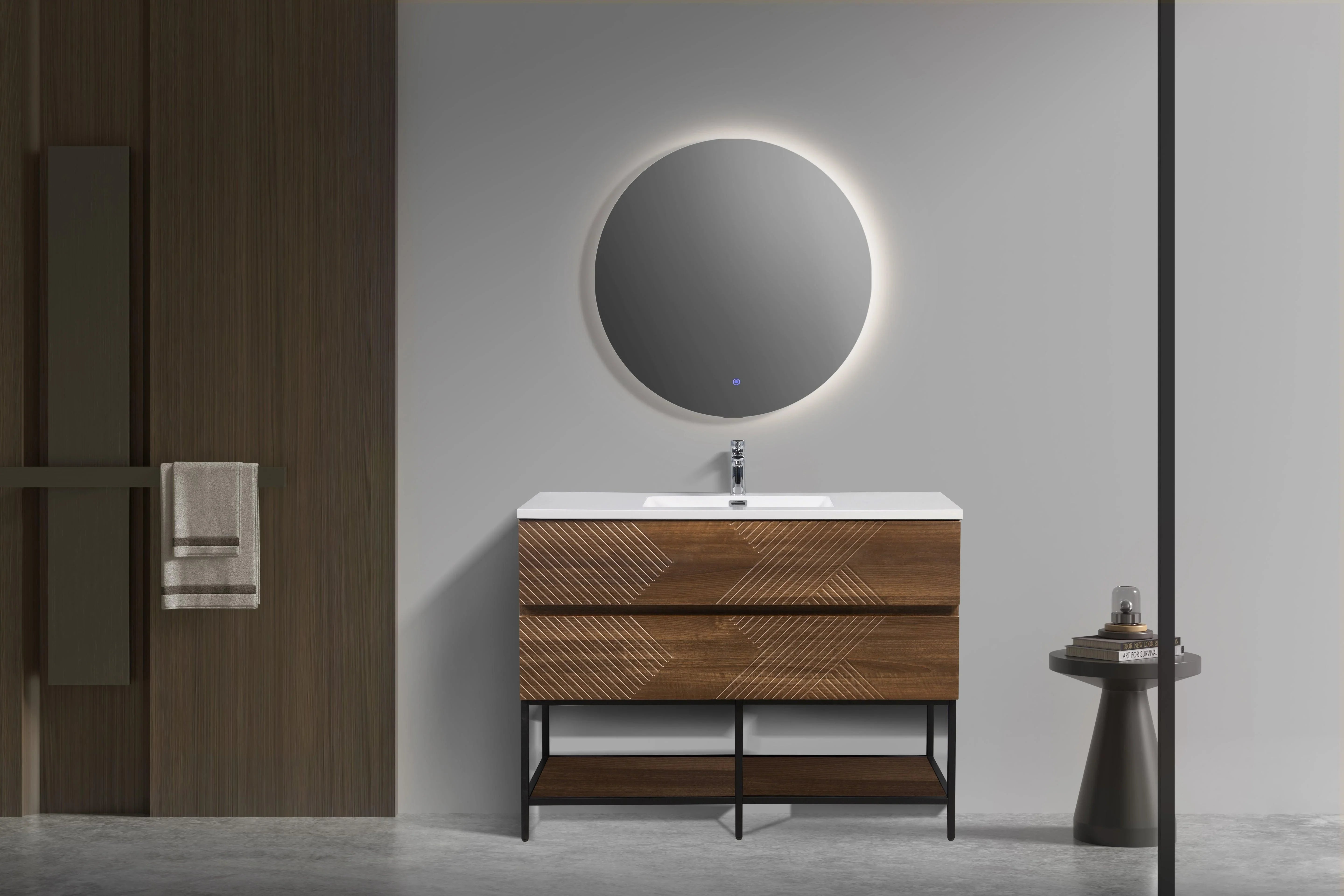 48" Walnut Wall Mount Single Sink Bathroom Vanity with White Polymarble Countertop-Migration_Bathroom Vanities-DECOROLALA