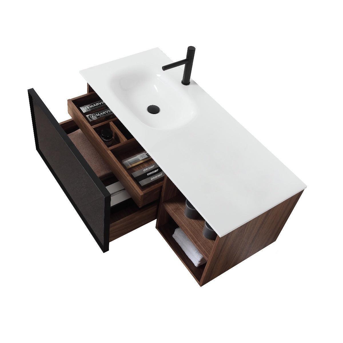 48" Walnut Wall Mount Single Sink Bathroom Vanity with White Solid Surface Countertop-Migration_Bathroom Vanities-DECOROLALA