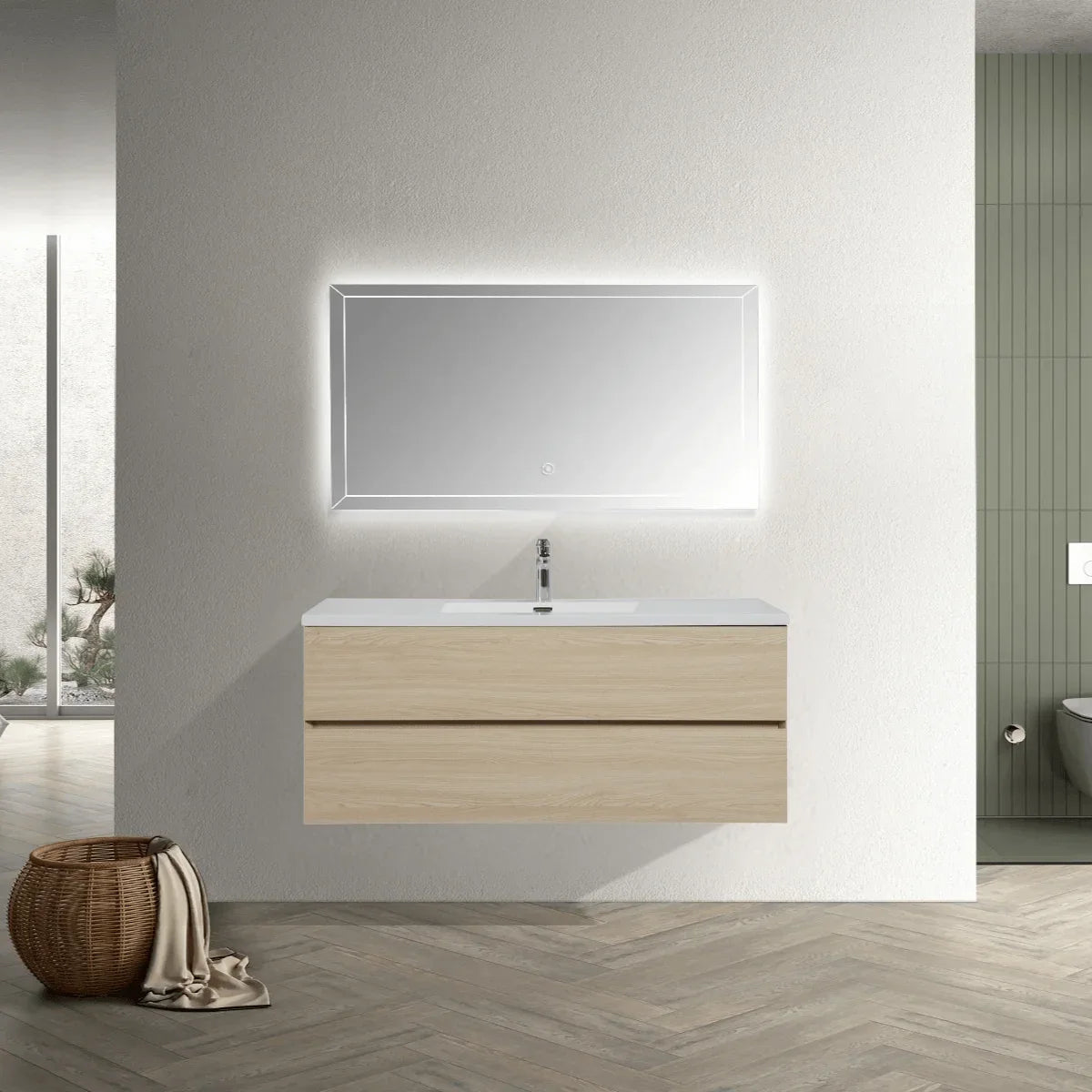 48" Wheat Wall Mount Single Sink Bathroom Vanity with White Polymarble Countertop-Migration_Bathroom Vanities-DECOROLALA