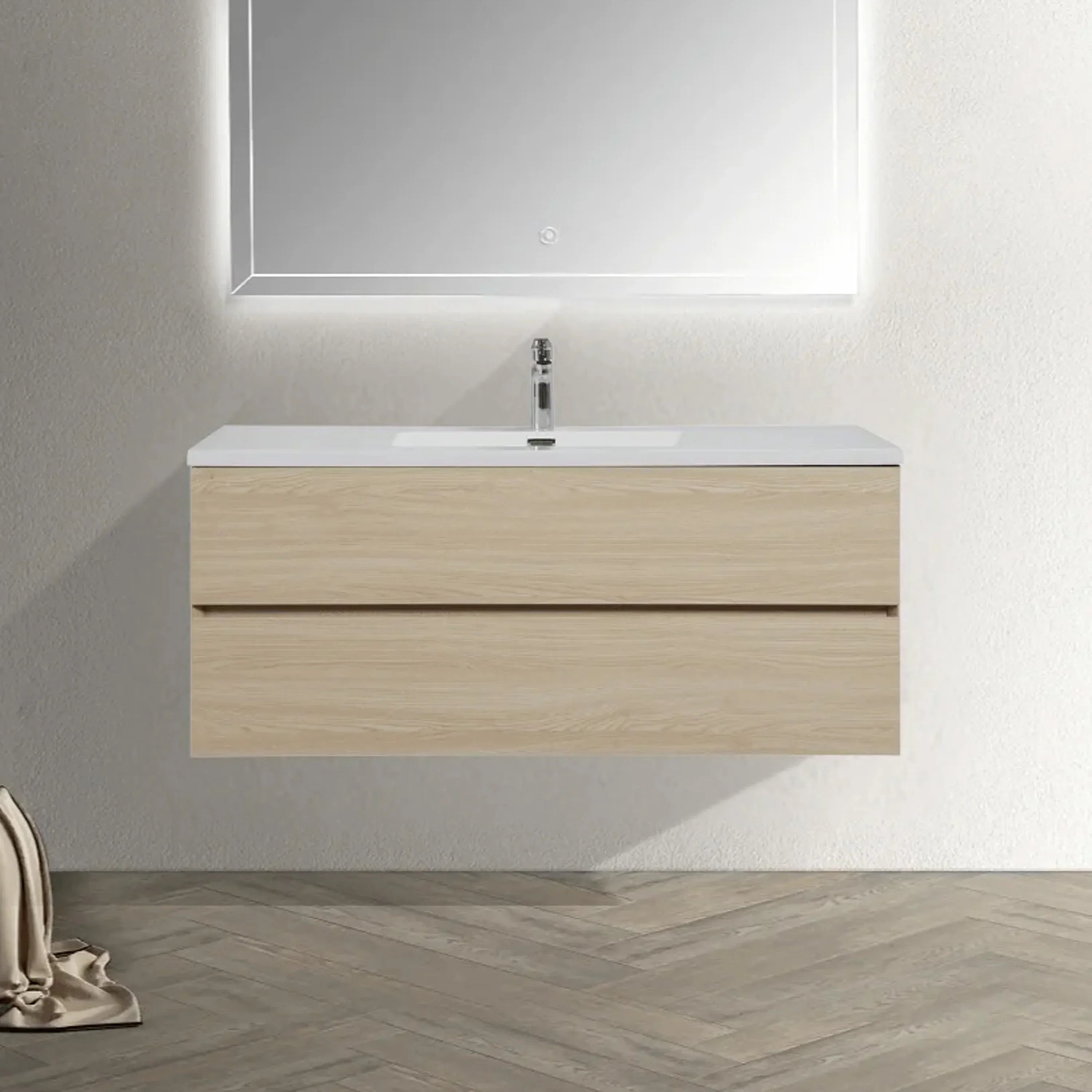 48" Wheat Wall Mount Single Sink Bathroom Vanity with White Polymarble Countertop-Migration_Bathroom Vanities-DECOROLALA