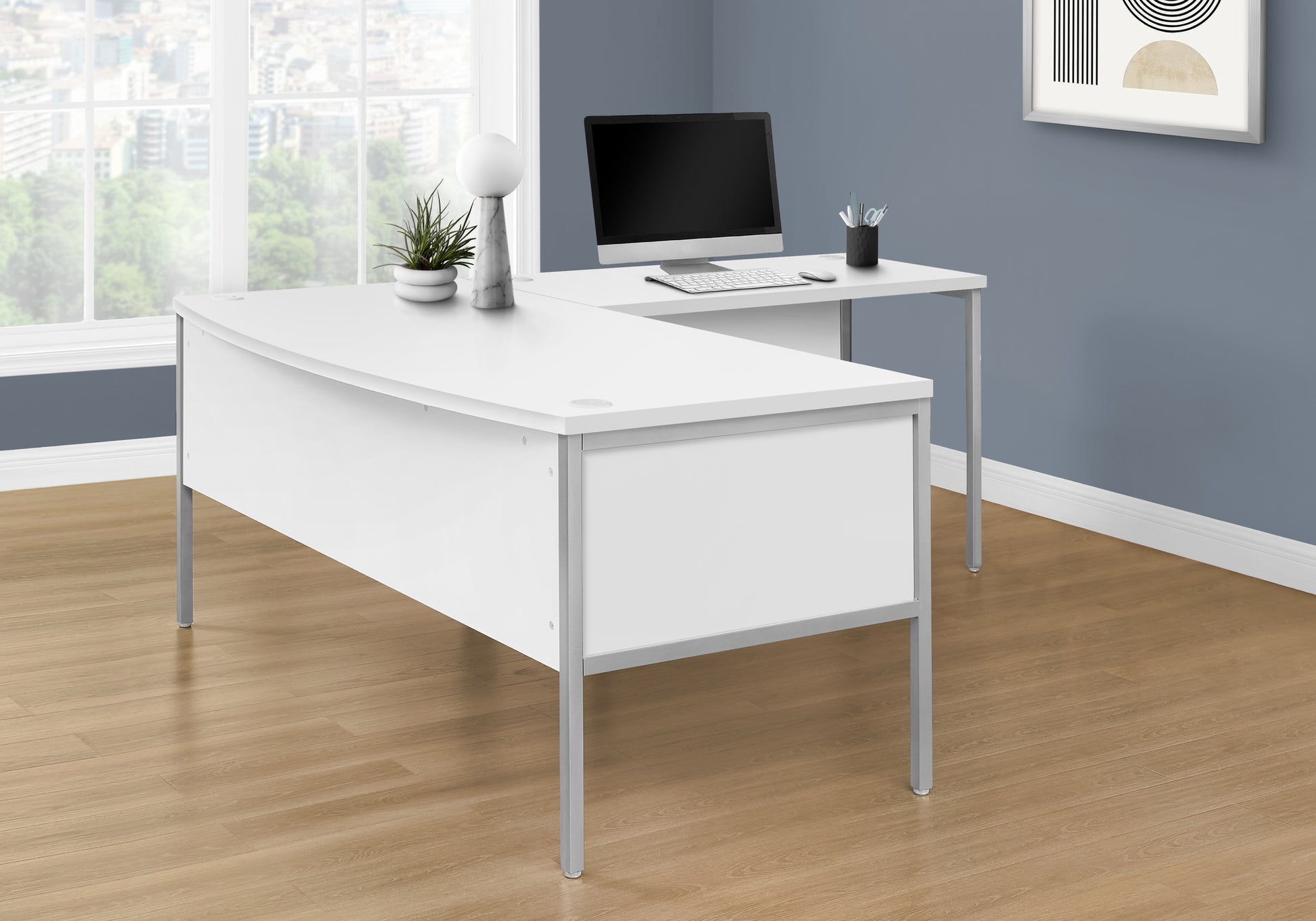 48" White Computer Desk with Silver Metal Legs-Hutch-DECOROLALA