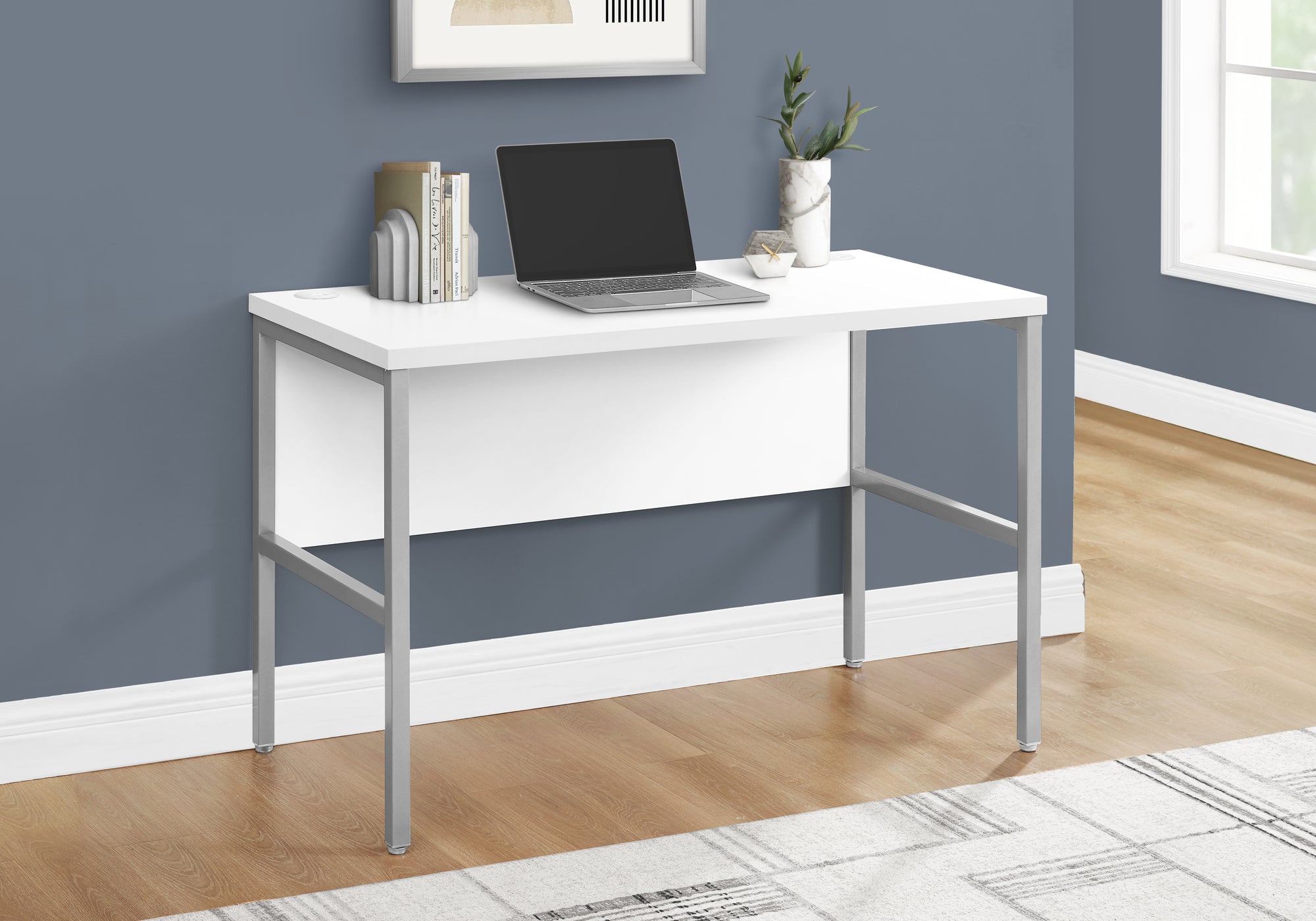 48" White Computer Desk with Silver Metal Legs-Hutch-DECOROLALA