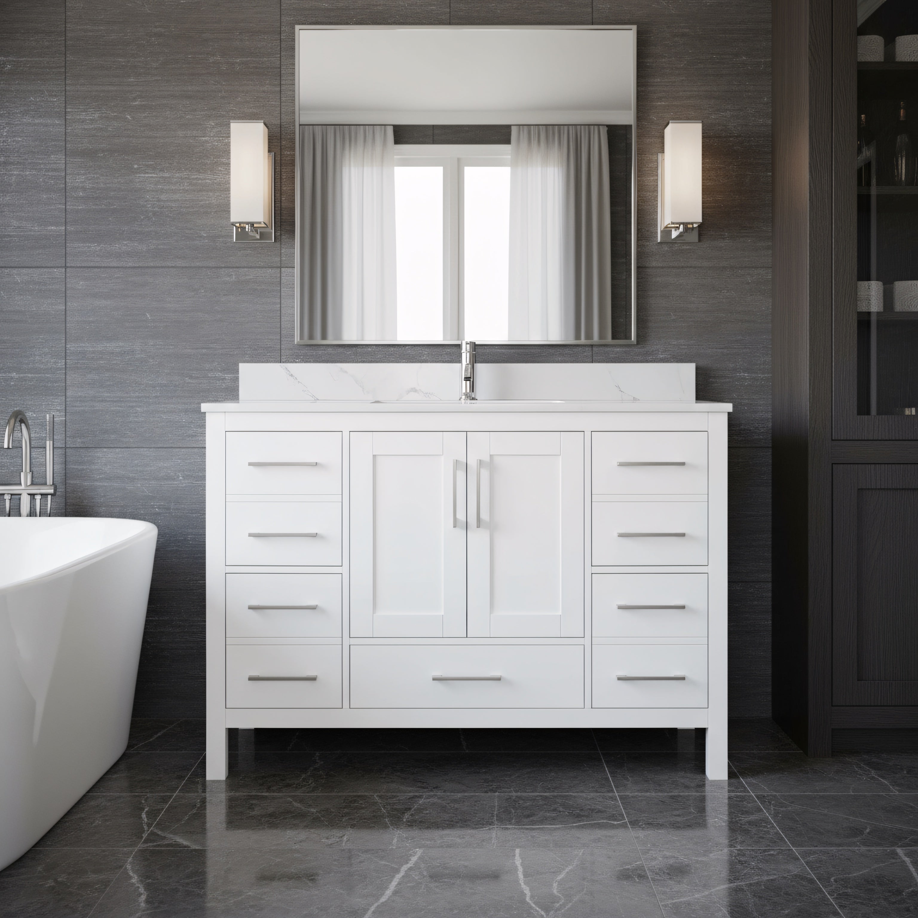 48" White Freestanding Bathroom Vanity with Engineered Calcutta Marble Countertop-Migration_Bathroom Vanities-DECOROLALA