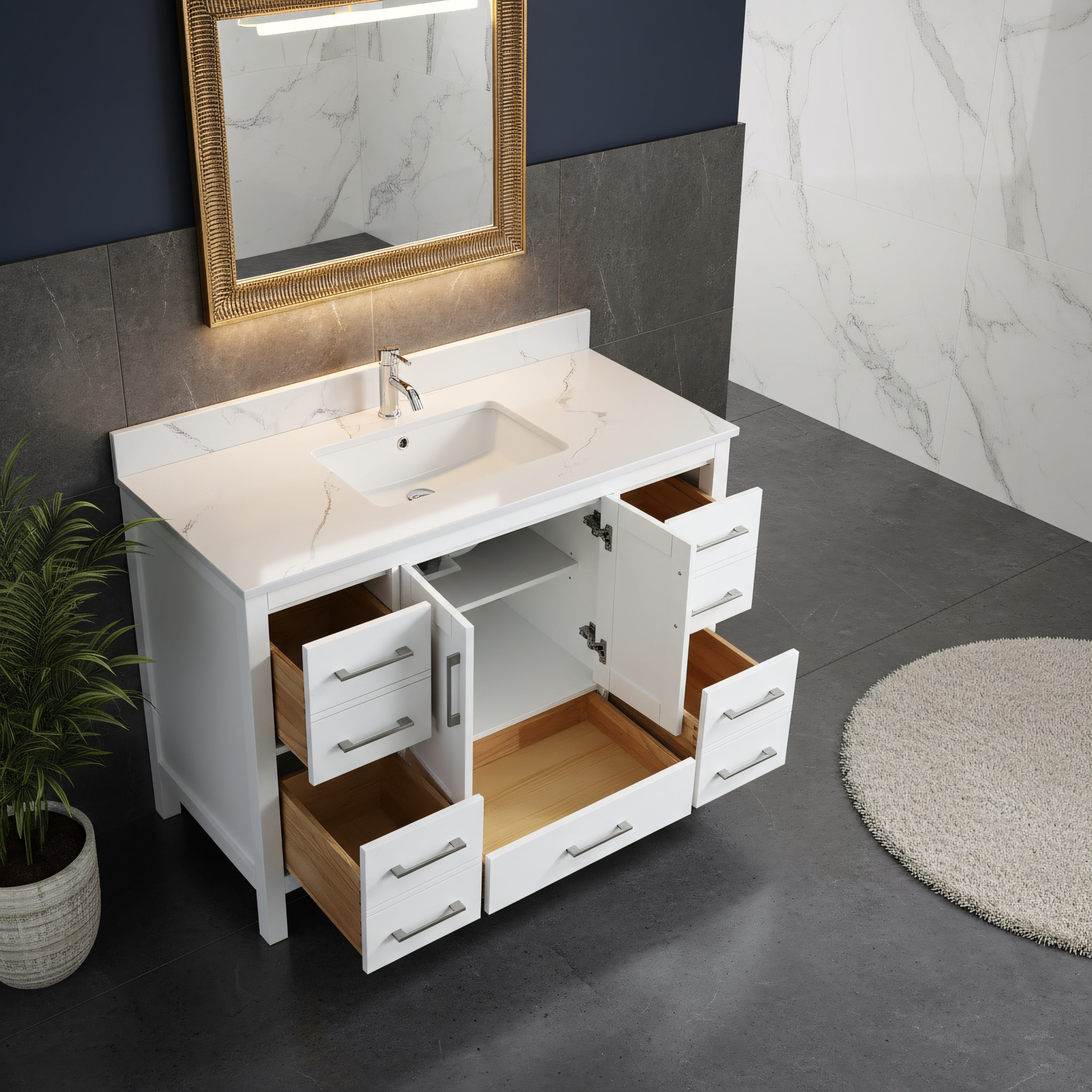 48" White Freestanding Bathroom Vanity with Engineered Calcutta Marble Countertop-Migration_Bathroom Vanities-DECOROLALA