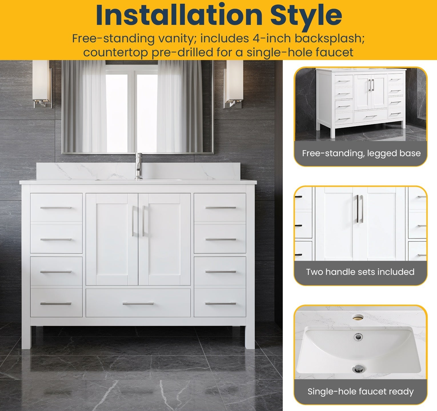 48" White Freestanding Bathroom Vanity with Engineered Calcutta Marble Countertop-Migration_Bathroom Vanities-DECOROLALA