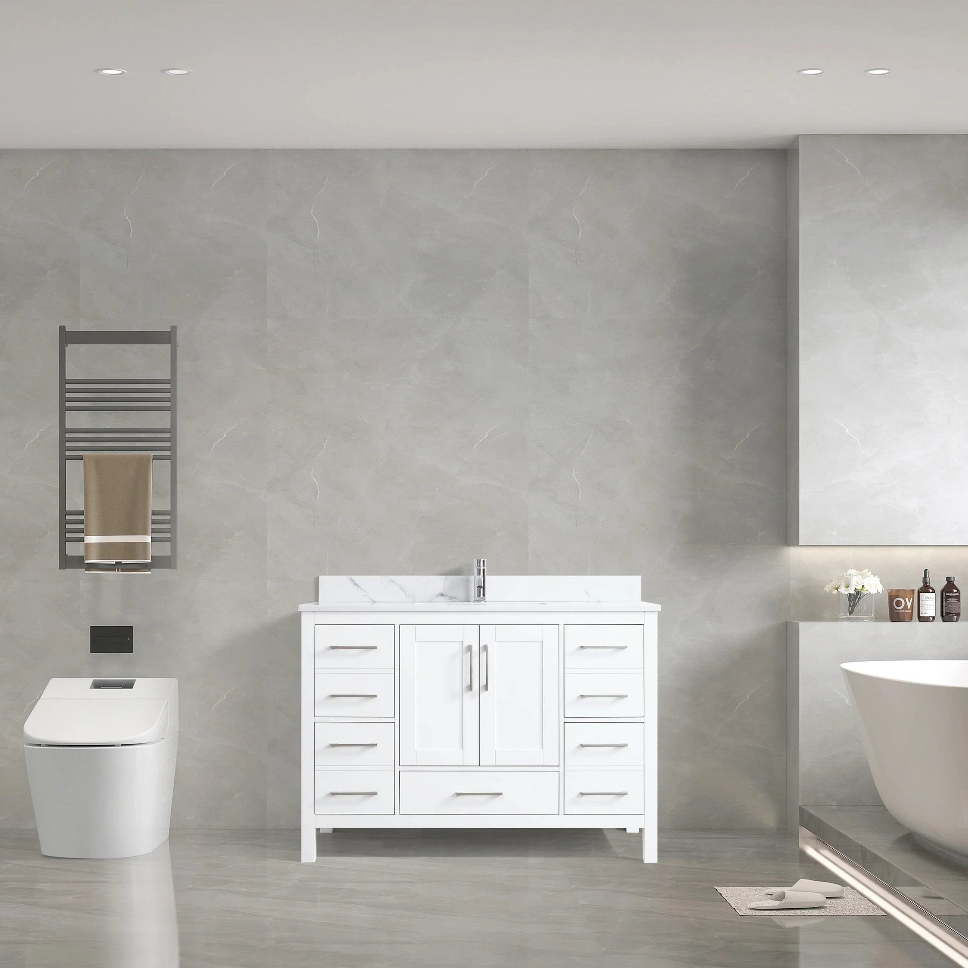 48" White Freestanding Bathroom Vanity with Engineered Calcutta Marble Countertop-Migration_Bathroom Vanities-DECOROLALA