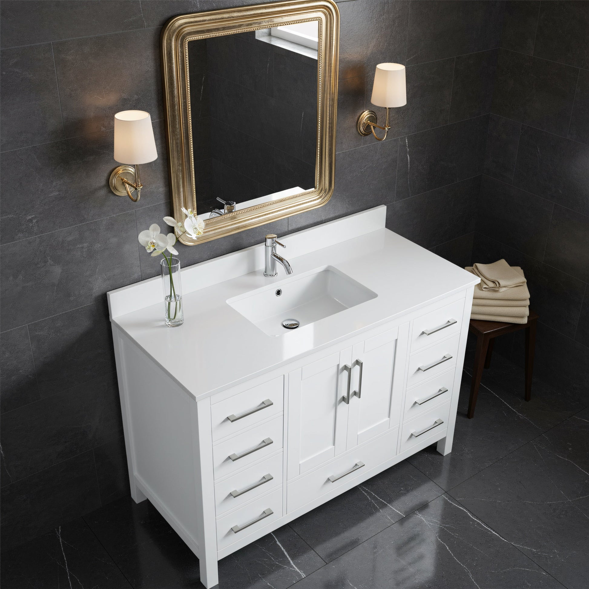 48" White Freestanding Bathroom Vanity with Snow White Quartz Countertop-Migration_Bathroom Vanities-DECOROLALA