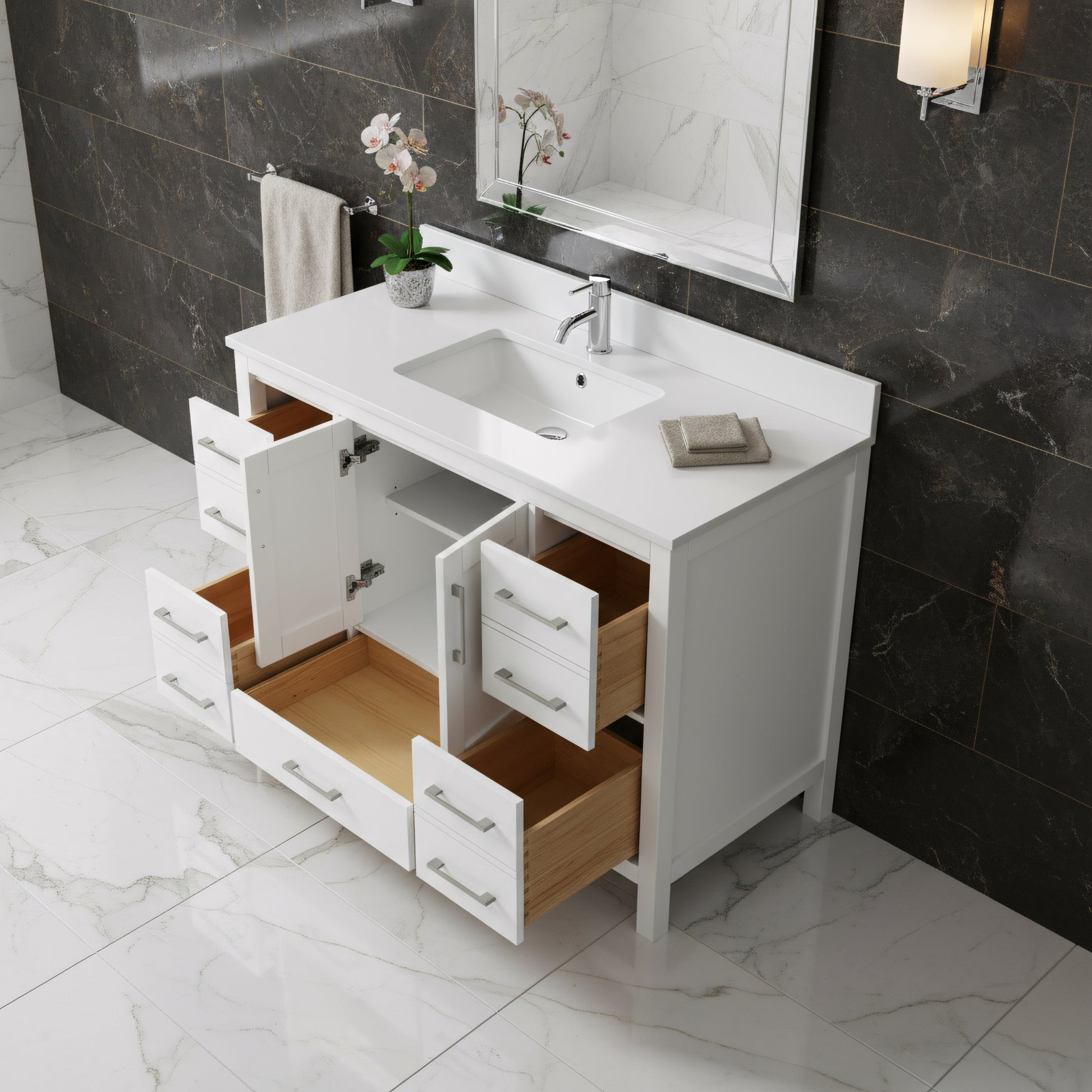 48" White Freestanding Bathroom Vanity with Snow White Quartz Countertop-Migration_Bathroom Vanities-DECOROLALA