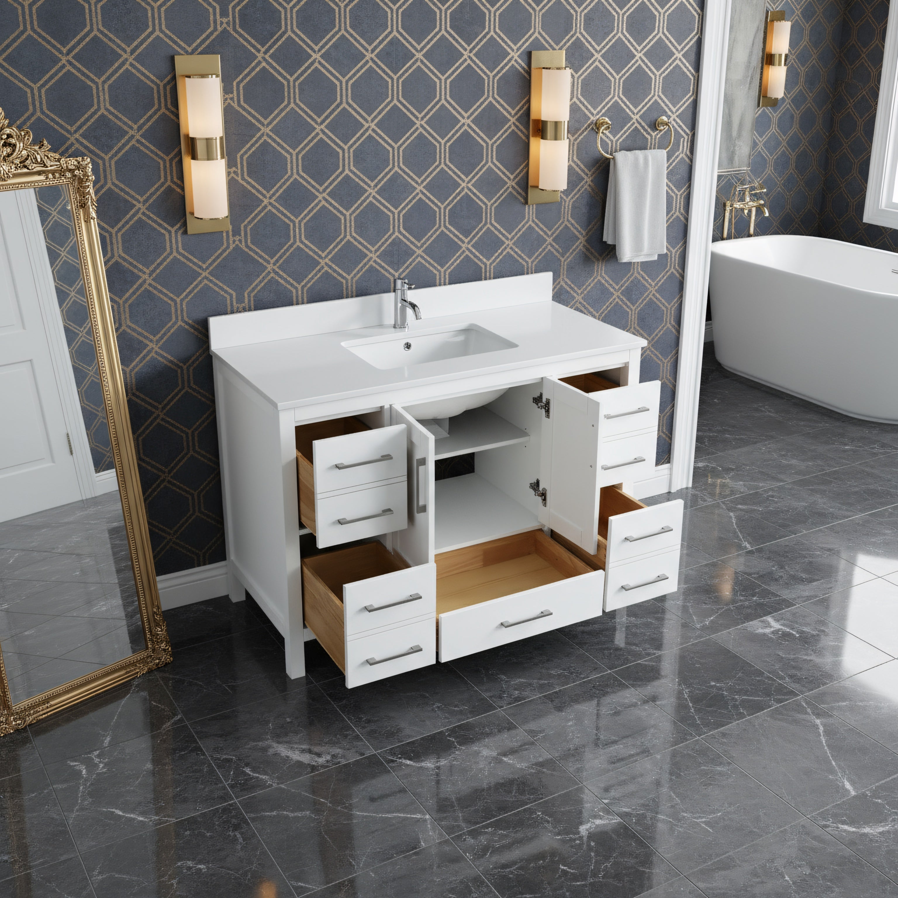 48" White Freestanding Bathroom Vanity with Snow White Quartz Countertop-Migration_Bathroom Vanities-DECOROLALA
