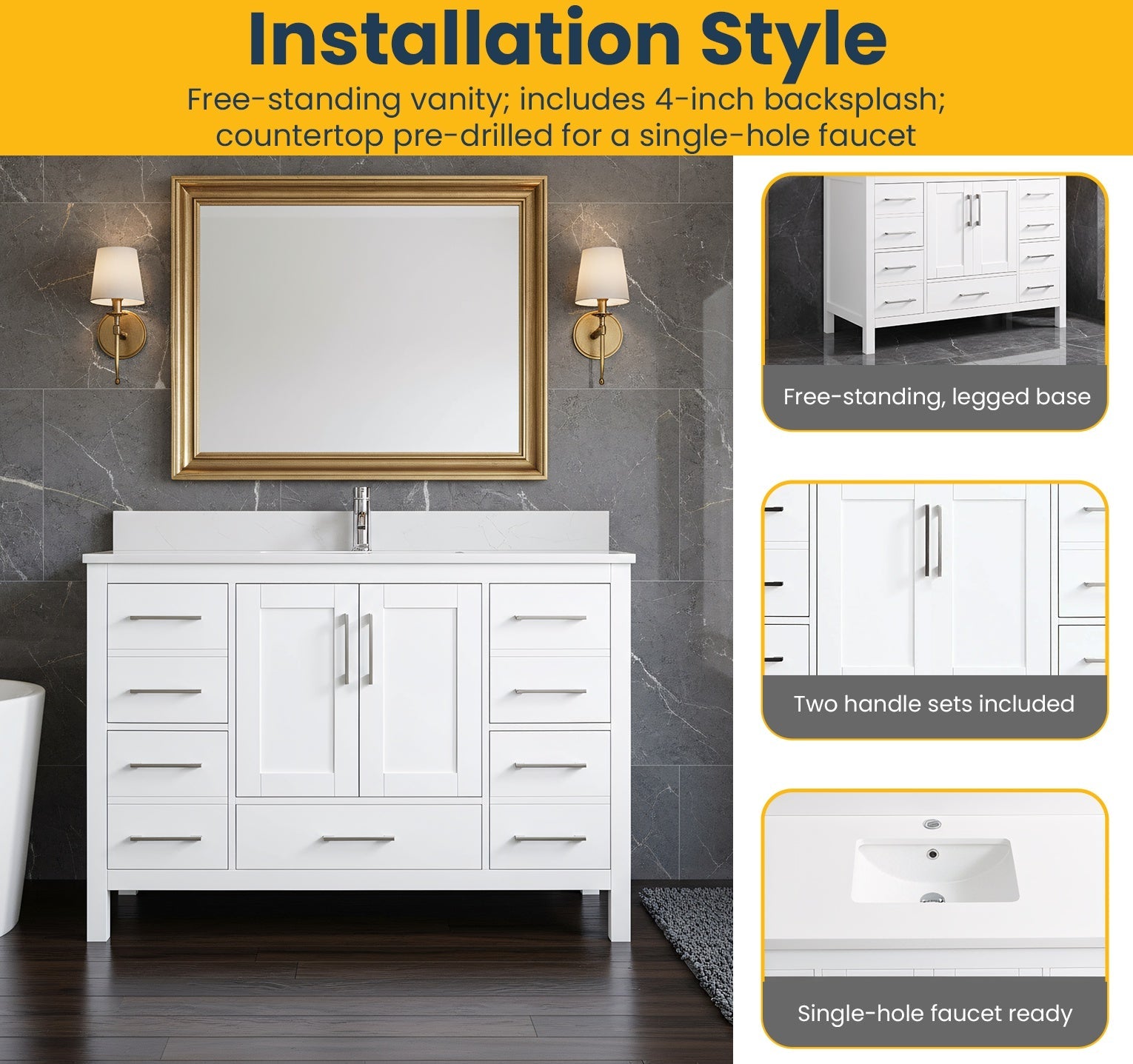 48" White Freestanding Bathroom Vanity with Snow White Quartz Countertop-Migration_Bathroom Vanities-DECOROLALA