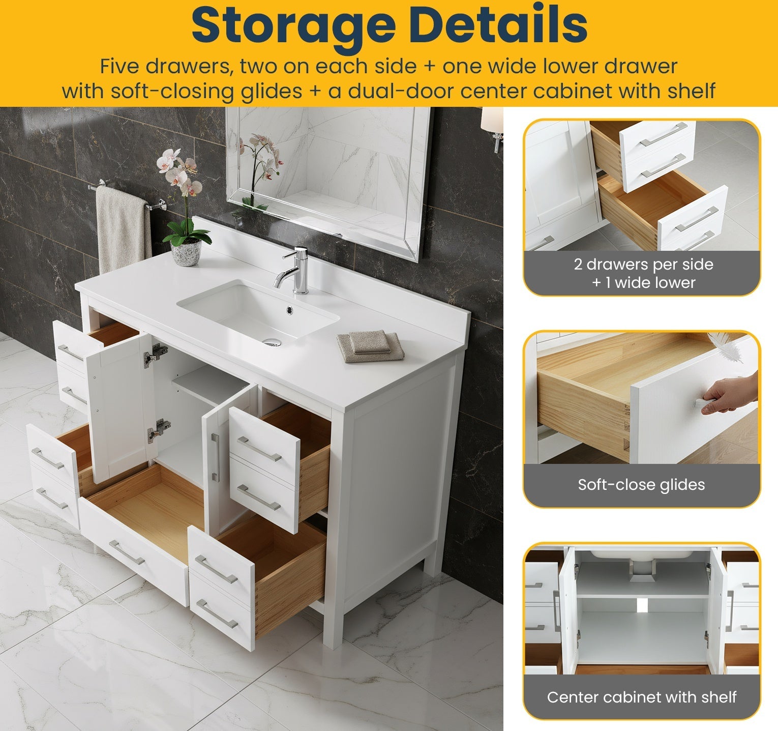 48" White Freestanding Bathroom Vanity with Snow White Quartz Countertop-Migration_Bathroom Vanities-DECOROLALA