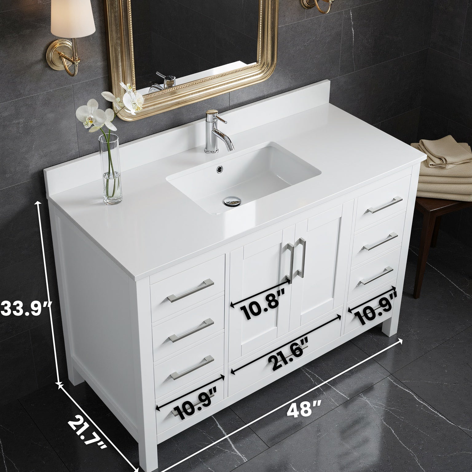 48" White Freestanding Bathroom Vanity with Snow White Quartz Countertop-Migration_Bathroom Vanities-DECOROLALA