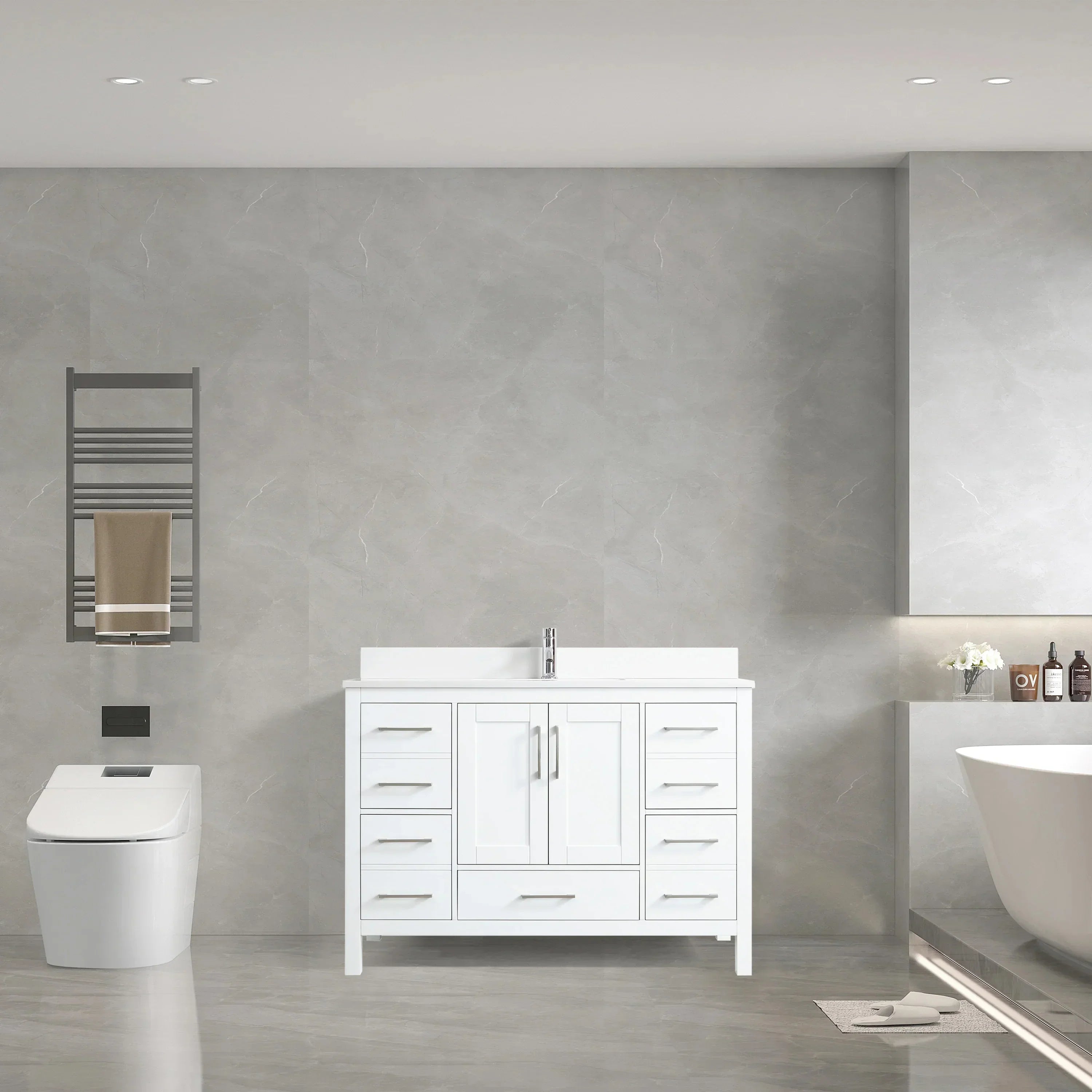 48" White Freestanding Bathroom Vanity with Snow White Quartz Countertop-Migration_Bathroom Vanities-DECOROLALA