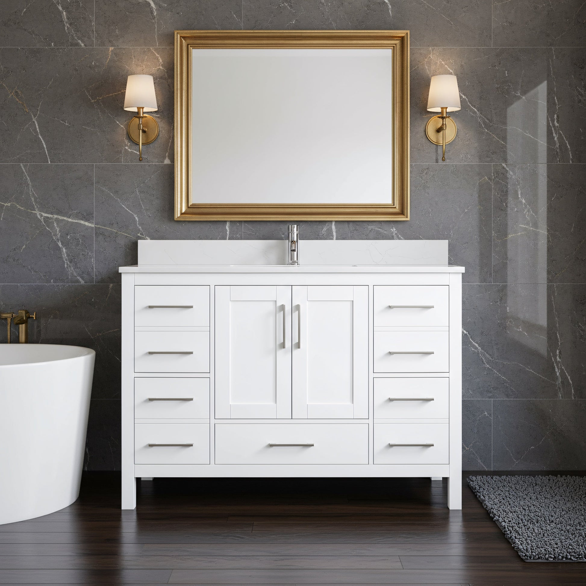 48" White Freestanding Bathroom Vanity with Snow White Quartz Countertop-Migration_Bathroom Vanities-DECOROLALA