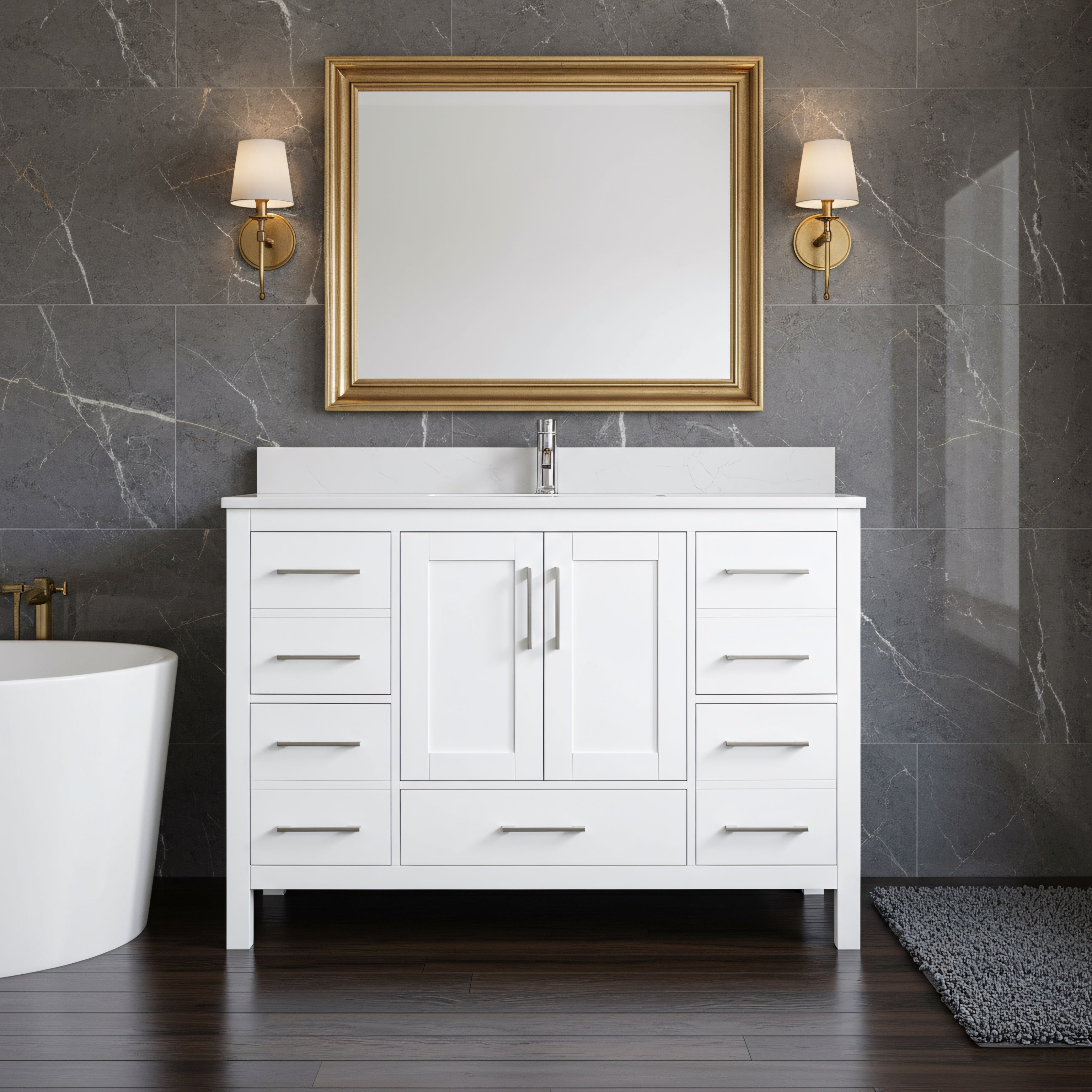 48" White Freestanding Bathroom Vanity with Snow White Quartz Countertop-Migration_Bathroom Vanities-DECOROLALA