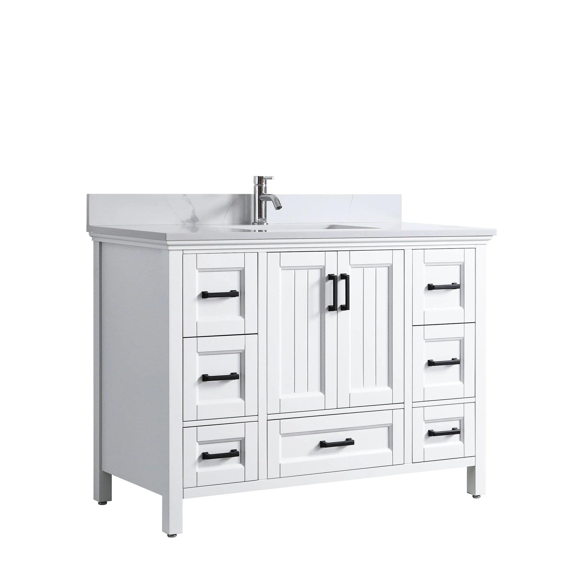 48" White Freestanding Single Sink Bathroom Vanity with Engineered Calcutta Marble Countertop & Matte Black Handles-Migration_Bathroom Vanities-DECOROLALA