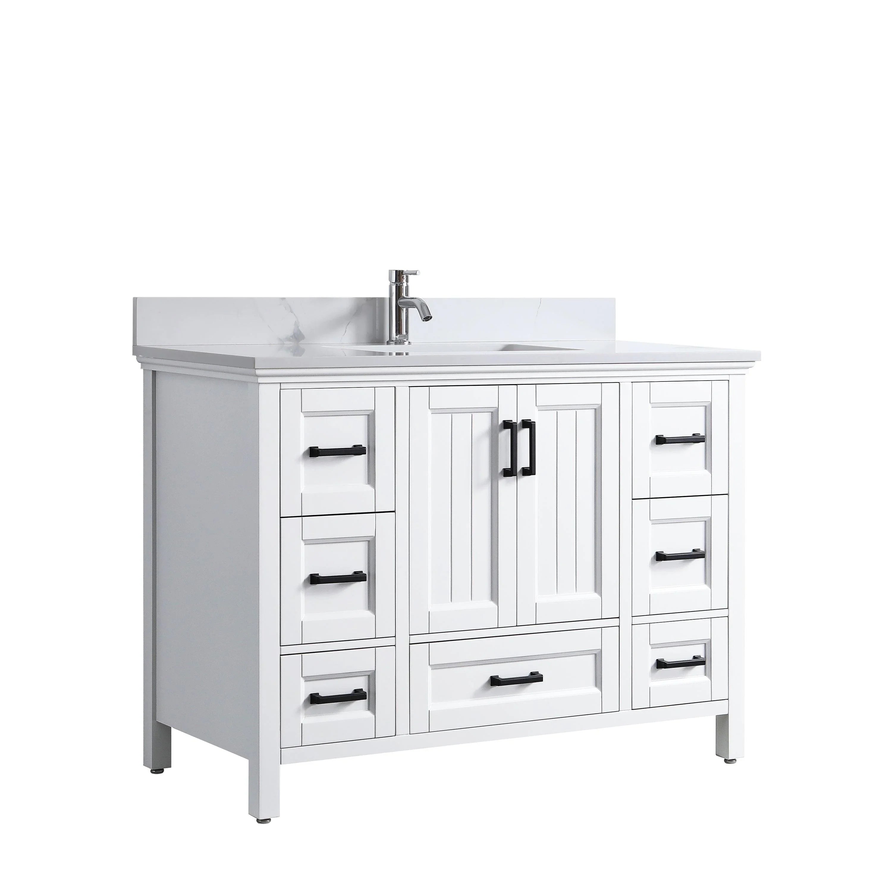 48" White Freestanding Single Sink Bathroom Vanity with Engineered Calcutta Marble Countertop & Matte Black Handles-Migration_Bathroom Vanities-DECOROLALA