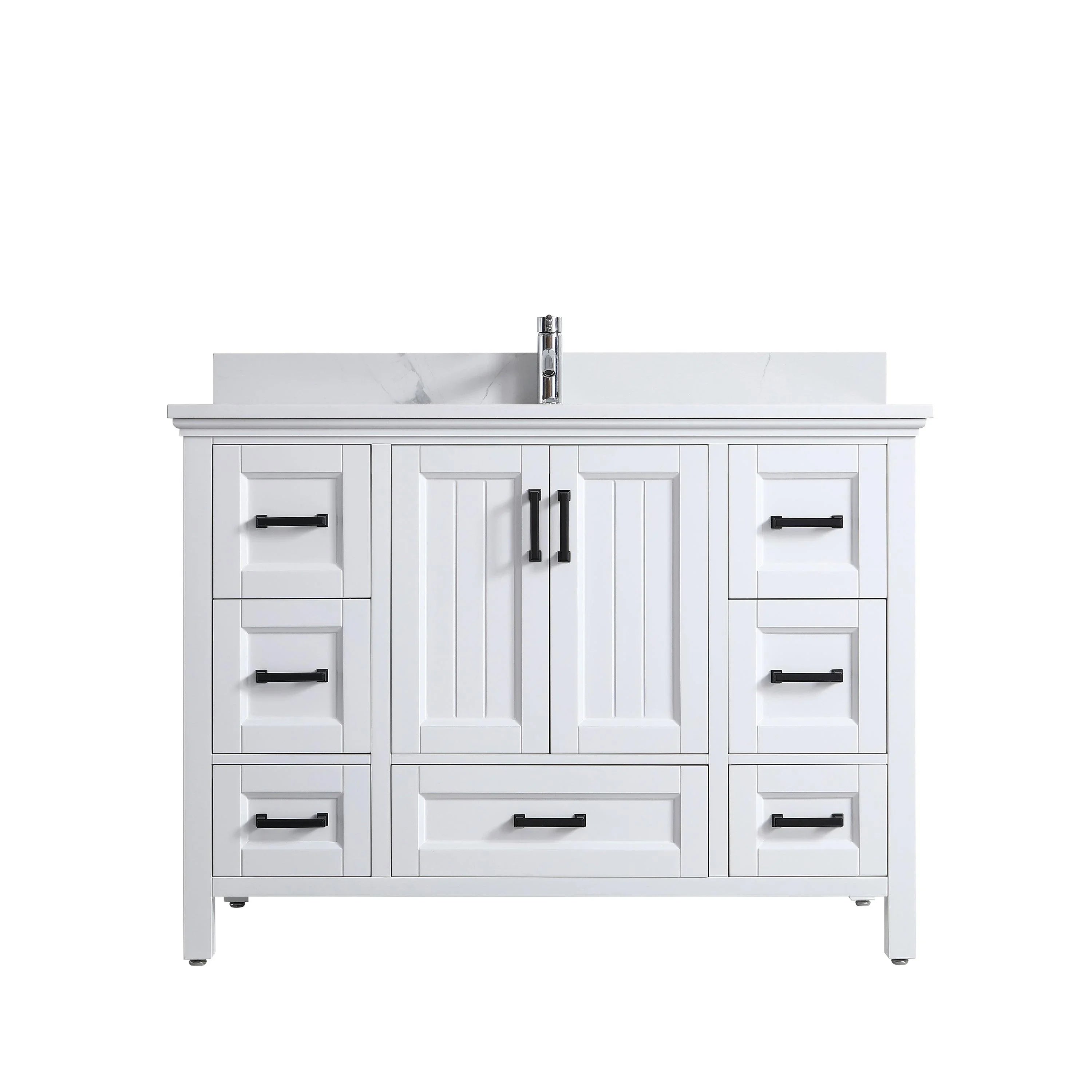 48" White Freestanding Single Sink Bathroom Vanity with Engineered Calcutta Marble Countertop & Matte Black Handles-Migration_Bathroom Vanities-DECOROLALA