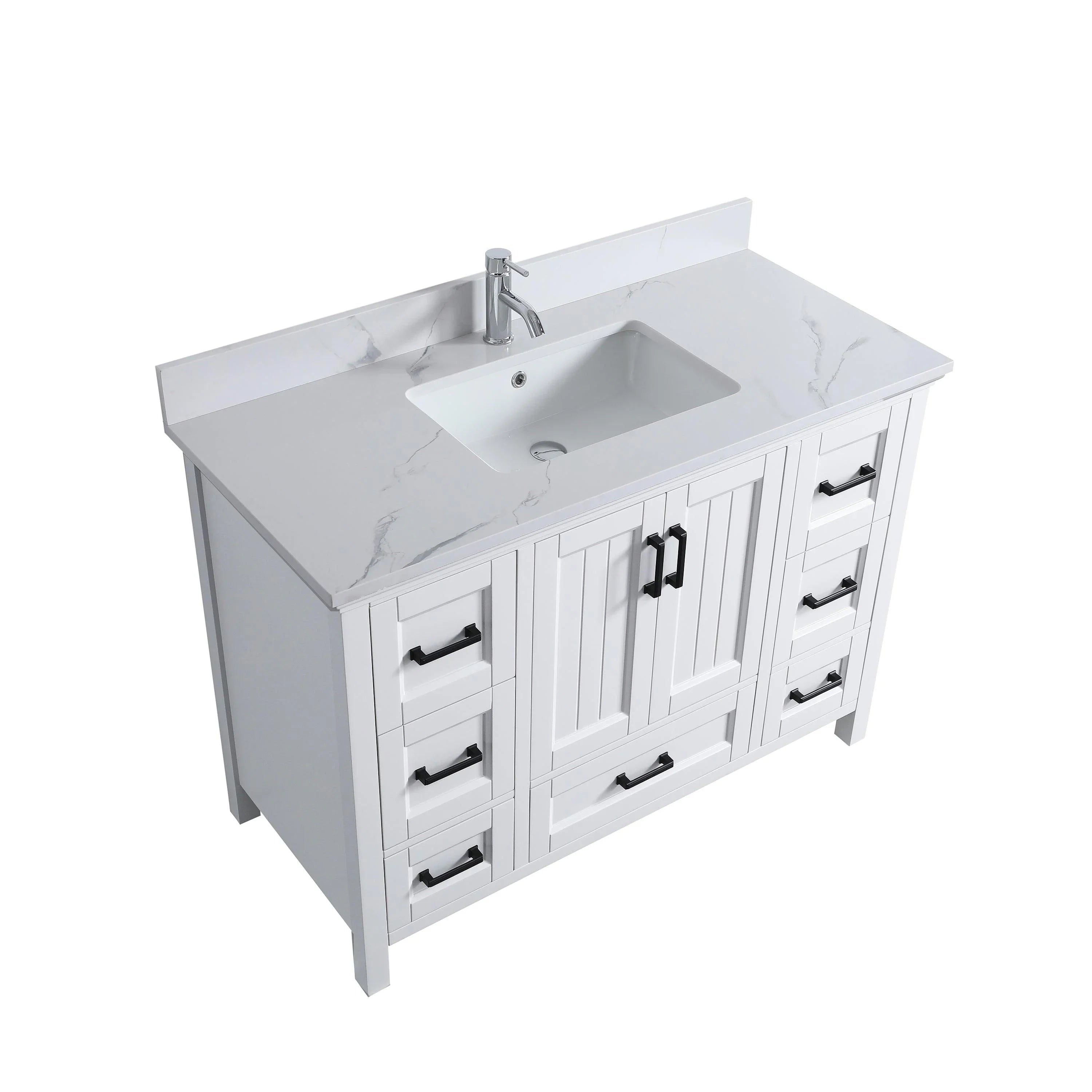 48" White Freestanding Single Sink Bathroom Vanity with Engineered Calcutta Marble Countertop & Matte Black Handles-Migration_Bathroom Vanities-DECOROLALA