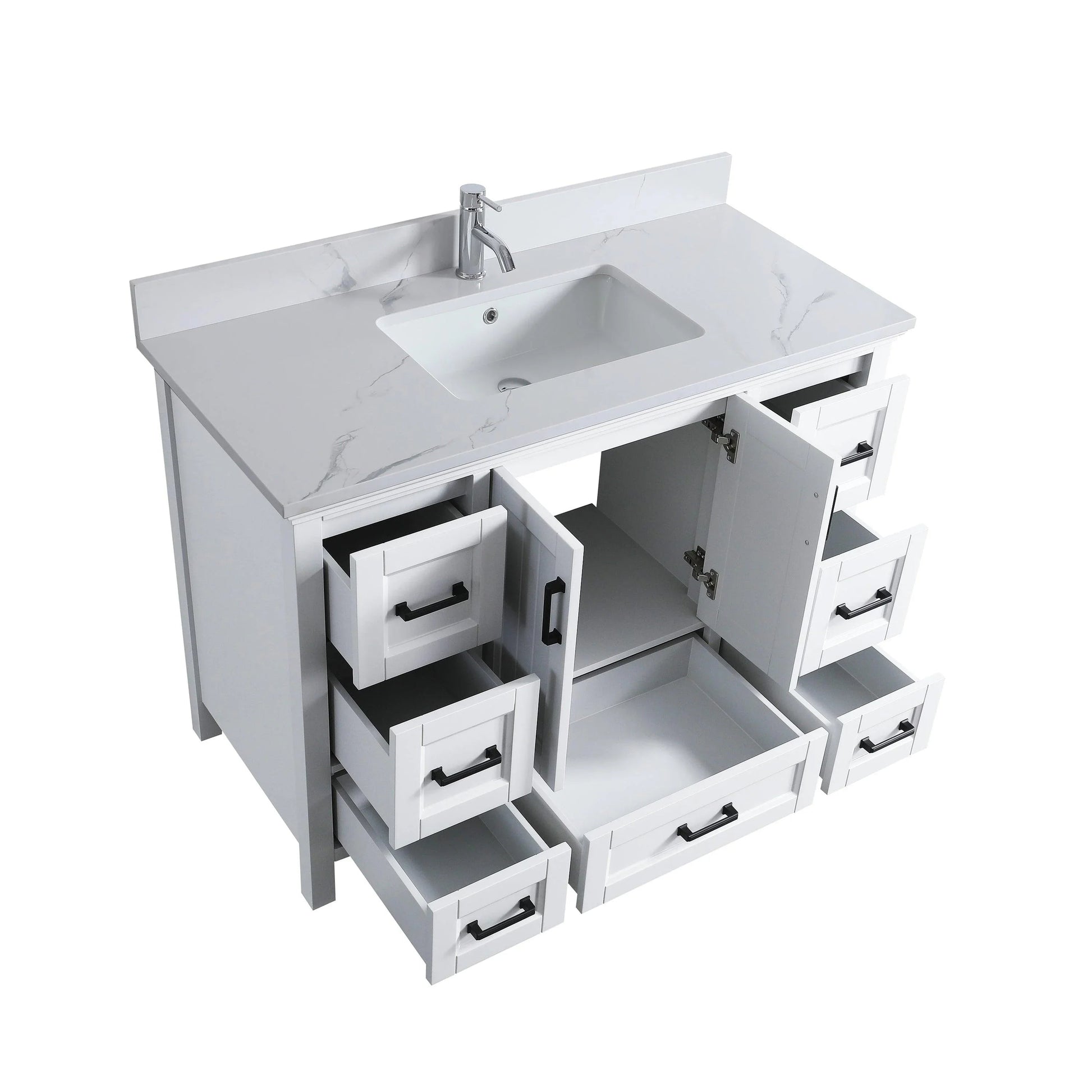 48" White Freestanding Single Sink Bathroom Vanity with Engineered Calcutta Marble Countertop & Matte Black Handles-Migration_Bathroom Vanities-DECOROLALA