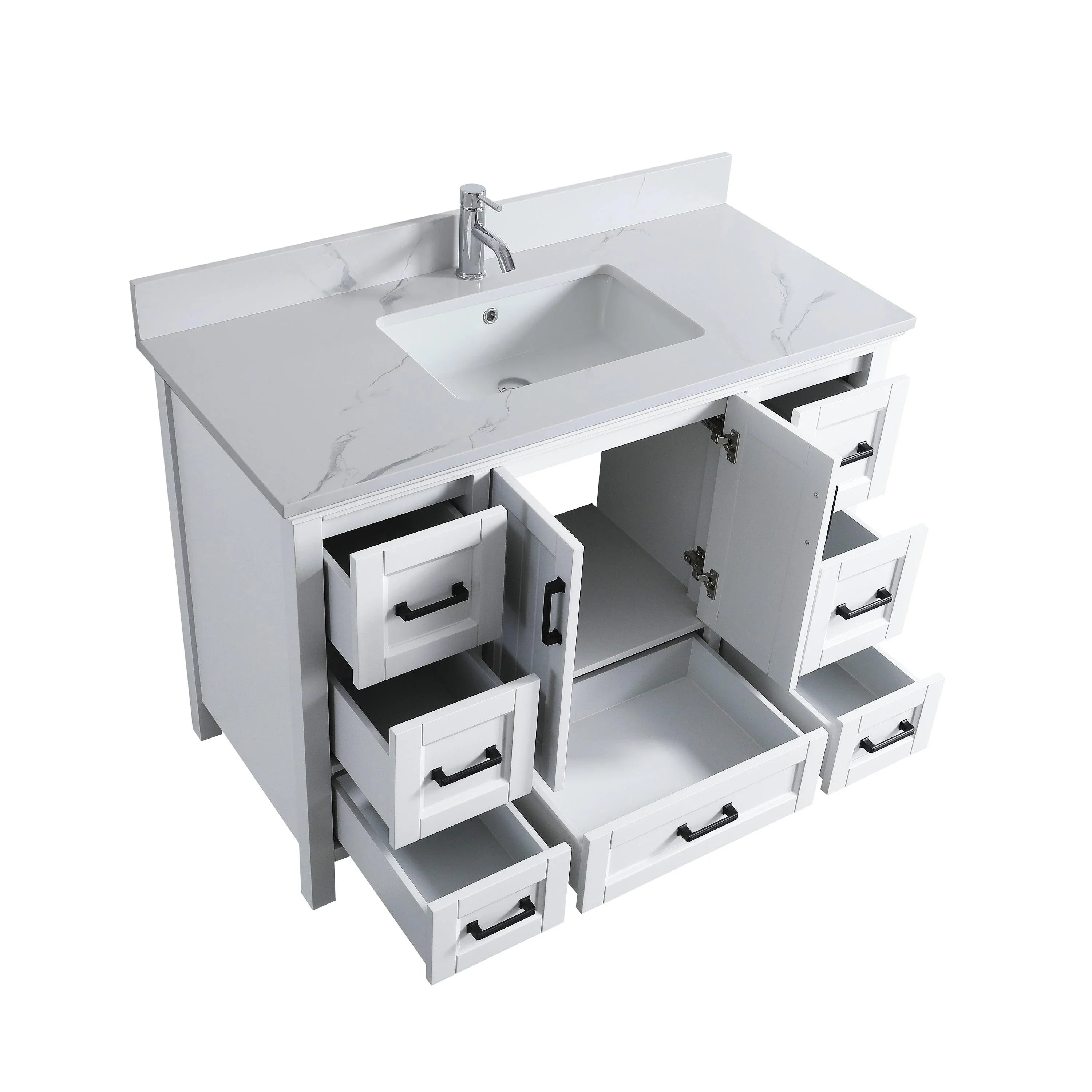 48" White Freestanding Single Sink Bathroom Vanity with Engineered Calcutta Marble Countertop & Matte Black Handles-Migration_Bathroom Vanities-DECOROLALA