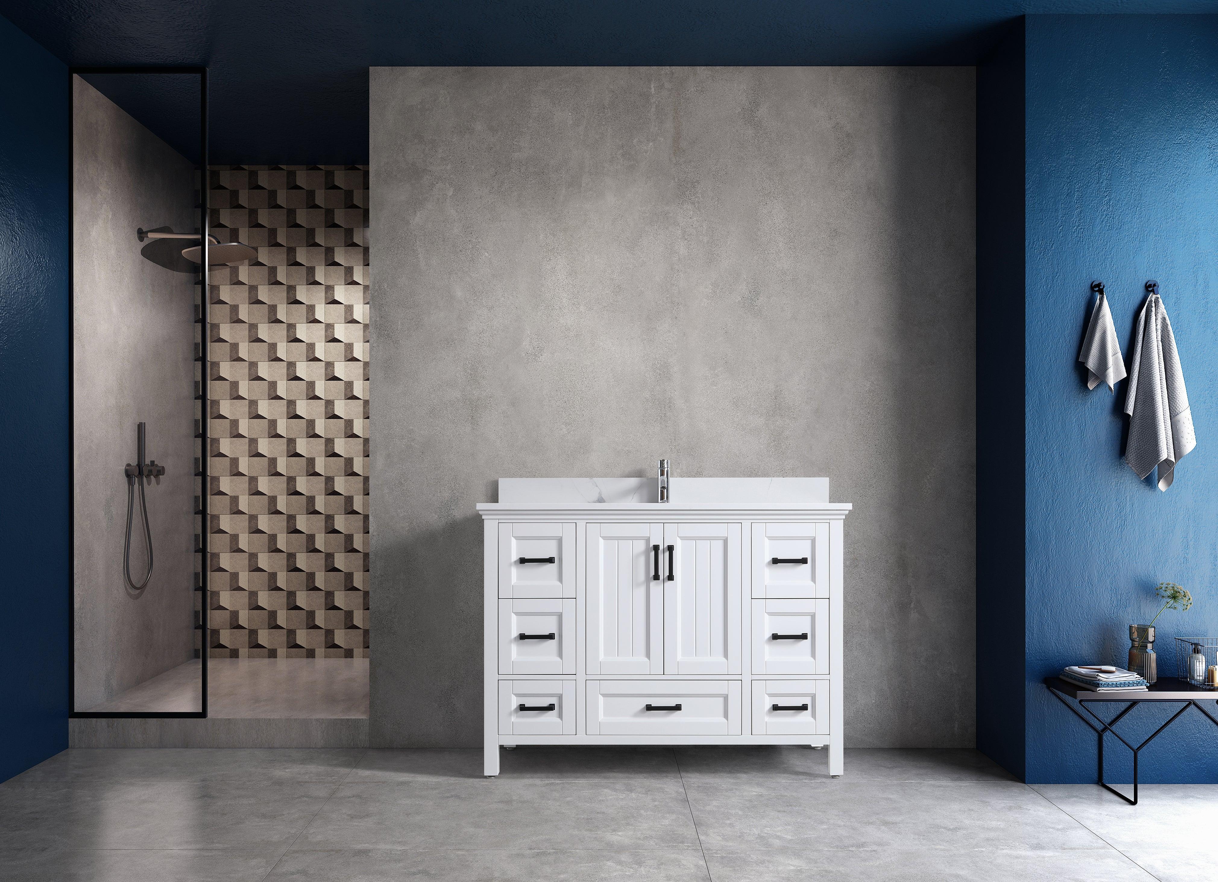 48" White Freestanding Single Sink Bathroom Vanity with Engineered Calcutta Marble Countertop & Matte Black Handles-Migration_Bathroom Vanities-DECOROLALA