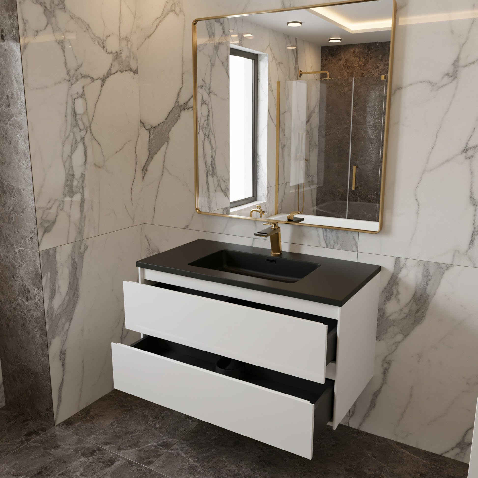 48" White Wall Mount Single Sink Bathroom Vanity with Black Engineered Quartz Countertop-Migration_Bathroom Vanities-DECOROLALA