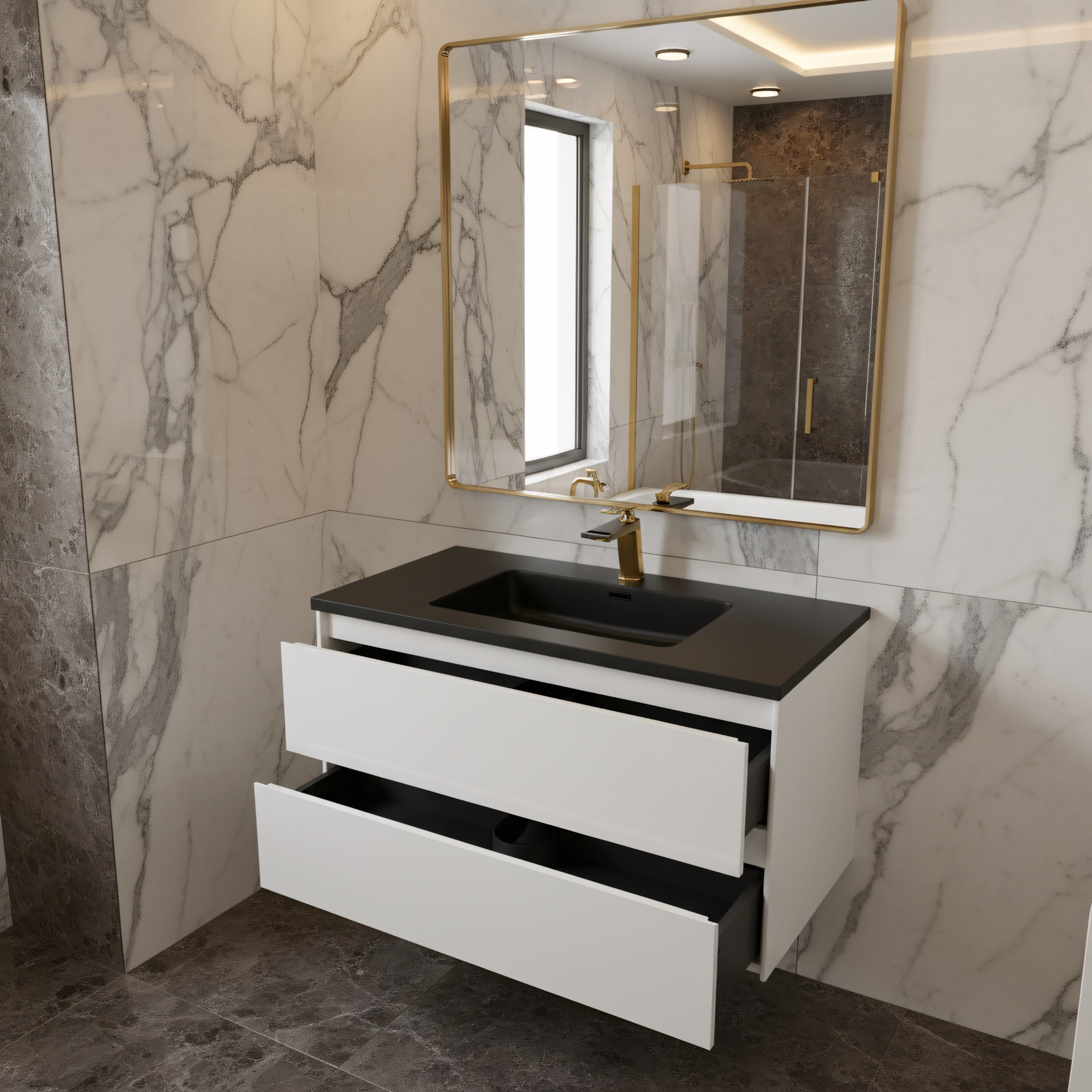 48" White Wall Mount Single Sink Bathroom Vanity with Black Engineered Quartz Countertop-Migration_Bathroom Vanities-DECOROLALA