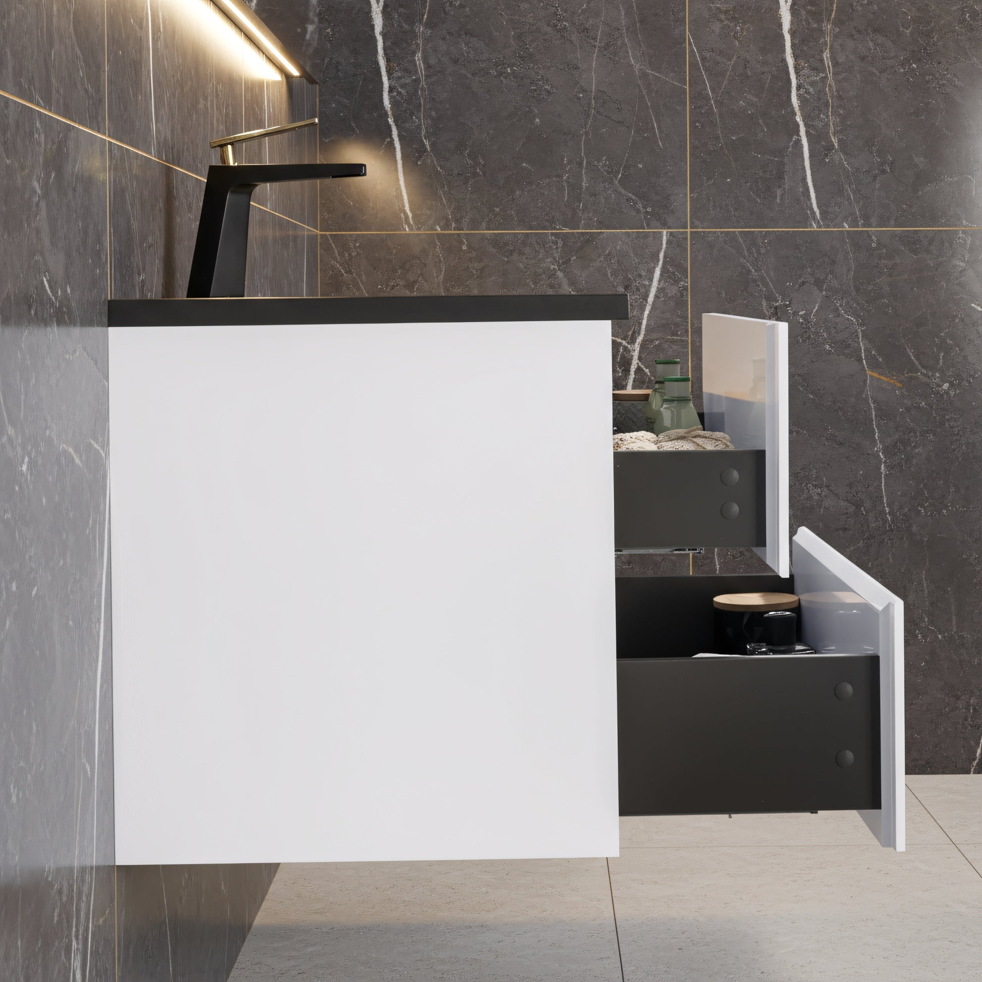 48" White Wall Mount Single Sink Bathroom Vanity with Black Engineered Quartz Countertop-Migration_Bathroom Vanities-DECOROLALA