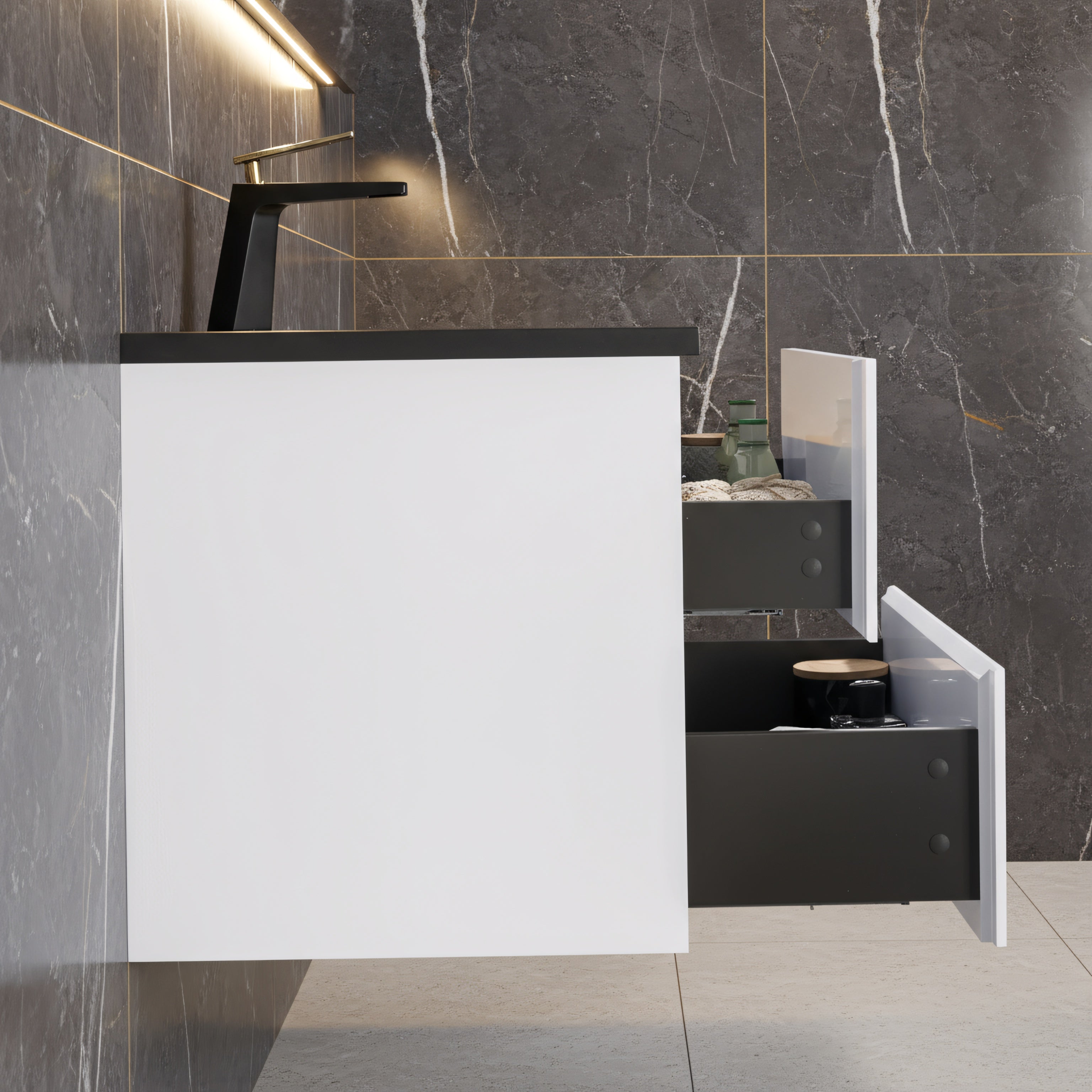 48" White Wall Mount Single Sink Bathroom Vanity with Black Engineered Quartz Countertop-Migration_Bathroom Vanities-DECOROLALA