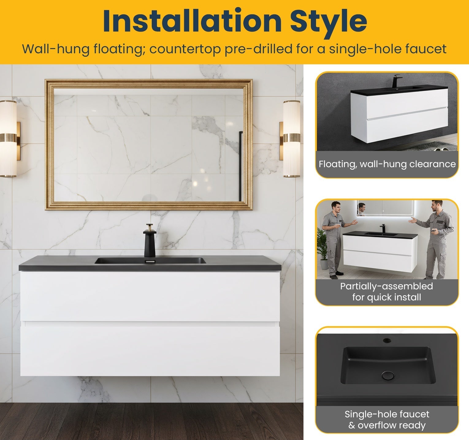 48" White Wall Mount Single Sink Bathroom Vanity with Black Engineered Quartz Countertop-Migration_Bathroom Vanities-DECOROLALA