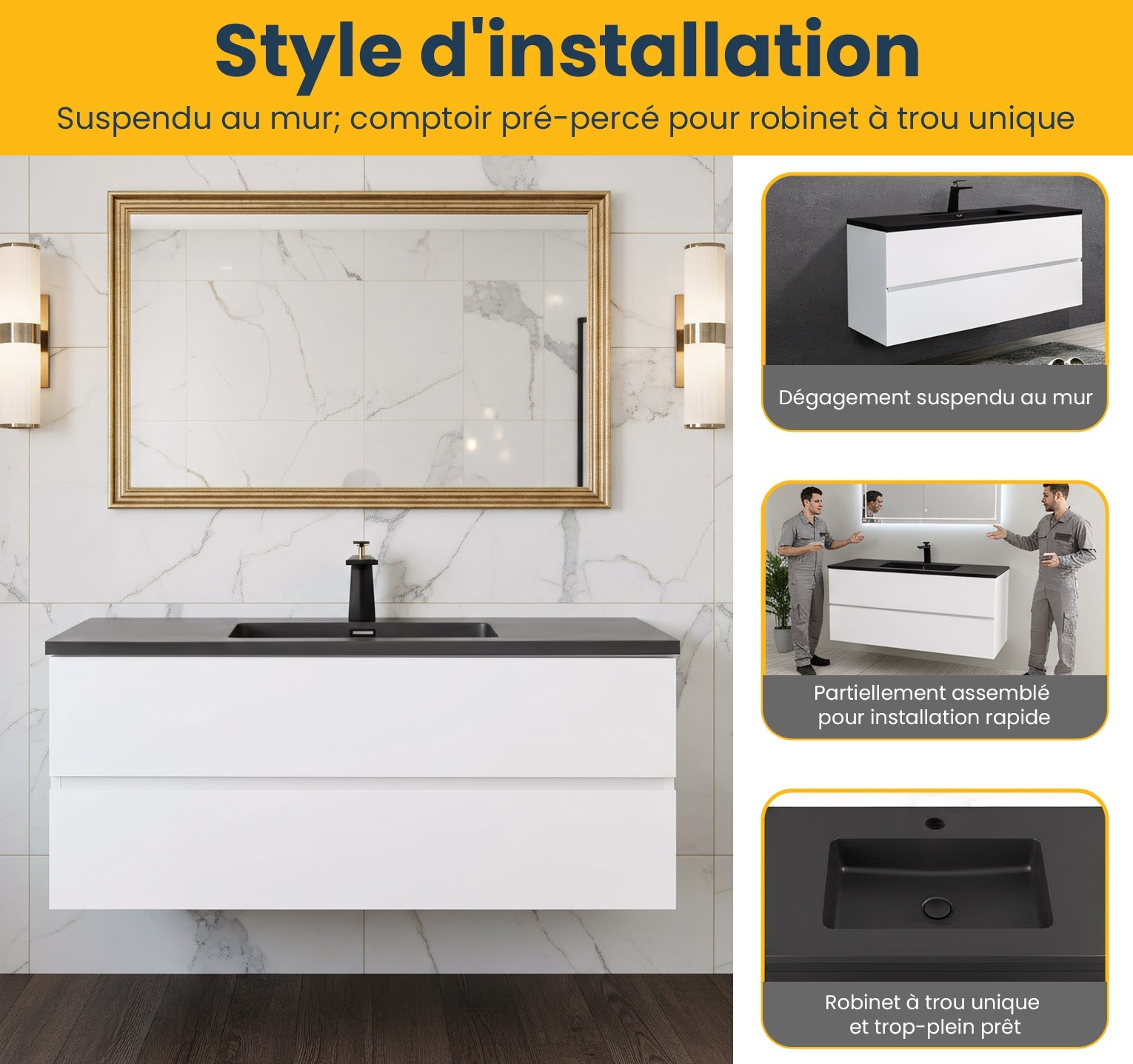 48" White Wall Mount Single Sink Bathroom Vanity with Black Engineered Quartz Countertop-Migration_Bathroom Vanities-DECOROLALA