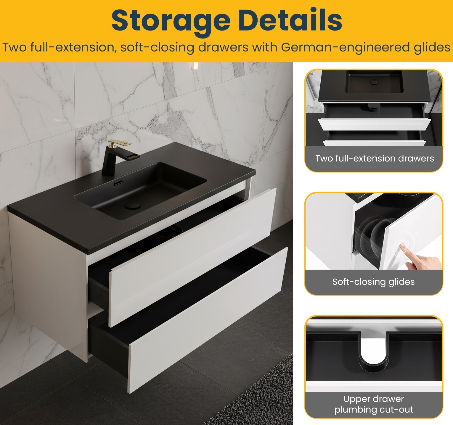 48" White Wall Mount Single Sink Bathroom Vanity with Black Engineered Quartz Countertop-Migration_Bathroom Vanities-DECOROLALA