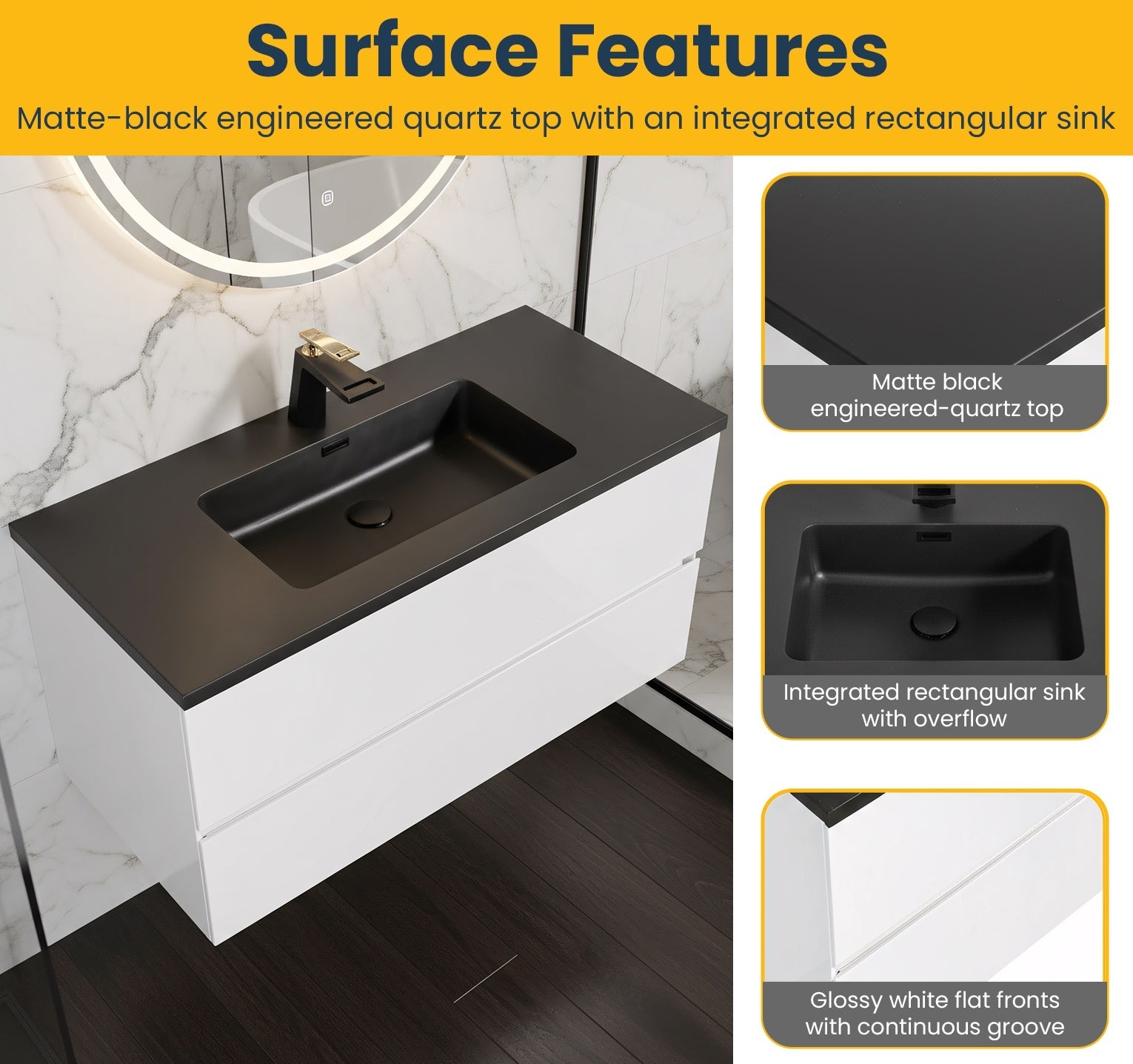 48" White Wall Mount Single Sink Bathroom Vanity with Black Engineered Quartz Countertop-Migration_Bathroom Vanities-DECOROLALA
