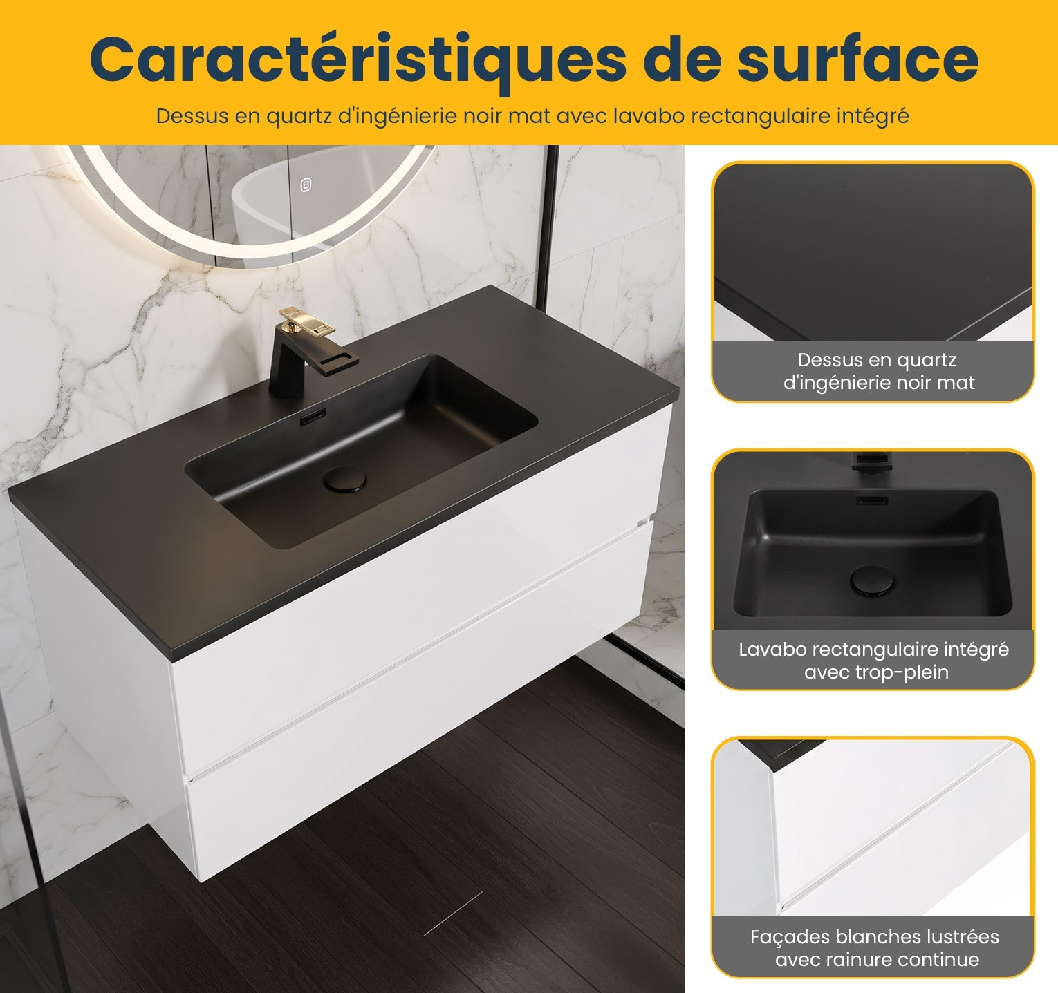 48" White Wall Mount Single Sink Bathroom Vanity with Black Engineered Quartz Countertop-Migration_Bathroom Vanities-DECOROLALA