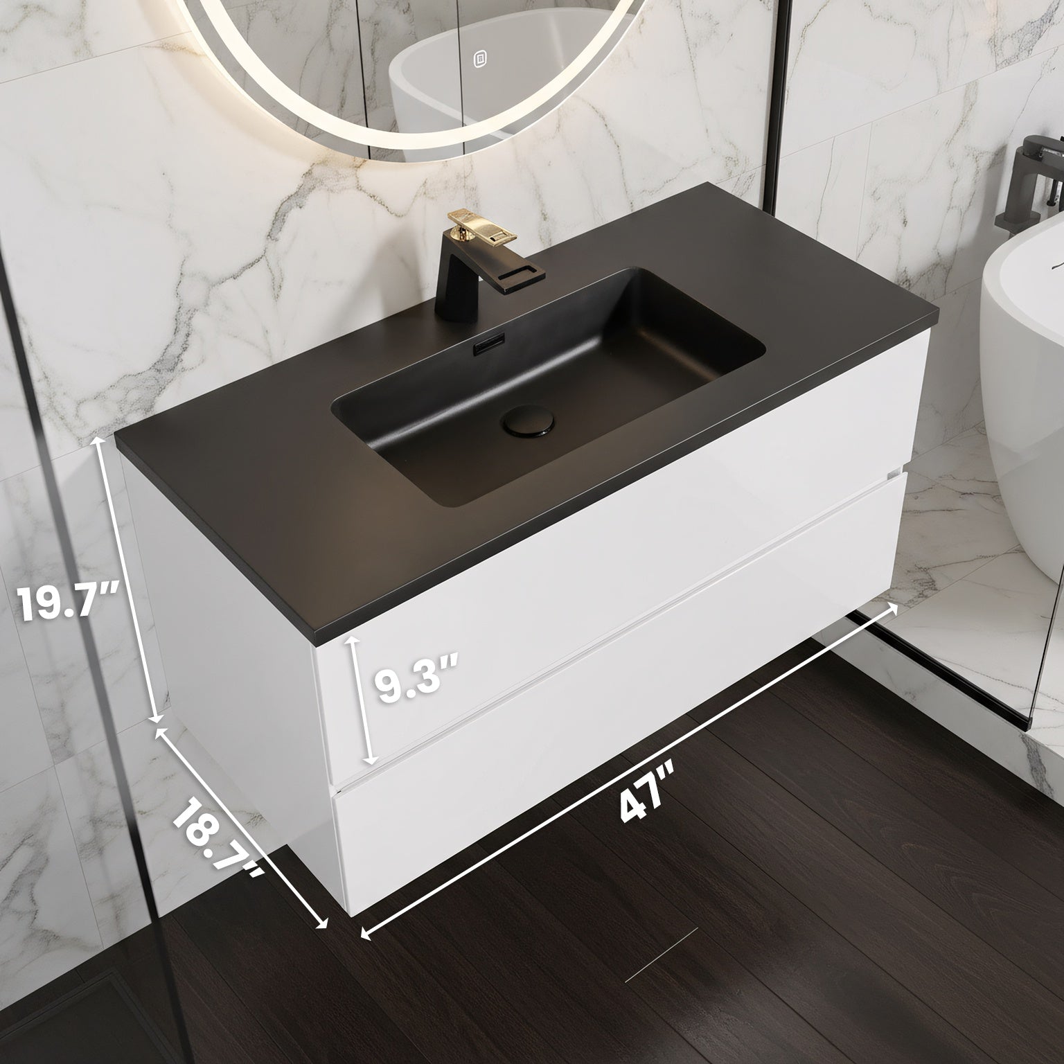 48" White Wall Mount Single Sink Bathroom Vanity with Black Engineered Quartz Countertop-Migration_Bathroom Vanities-DECOROLALA