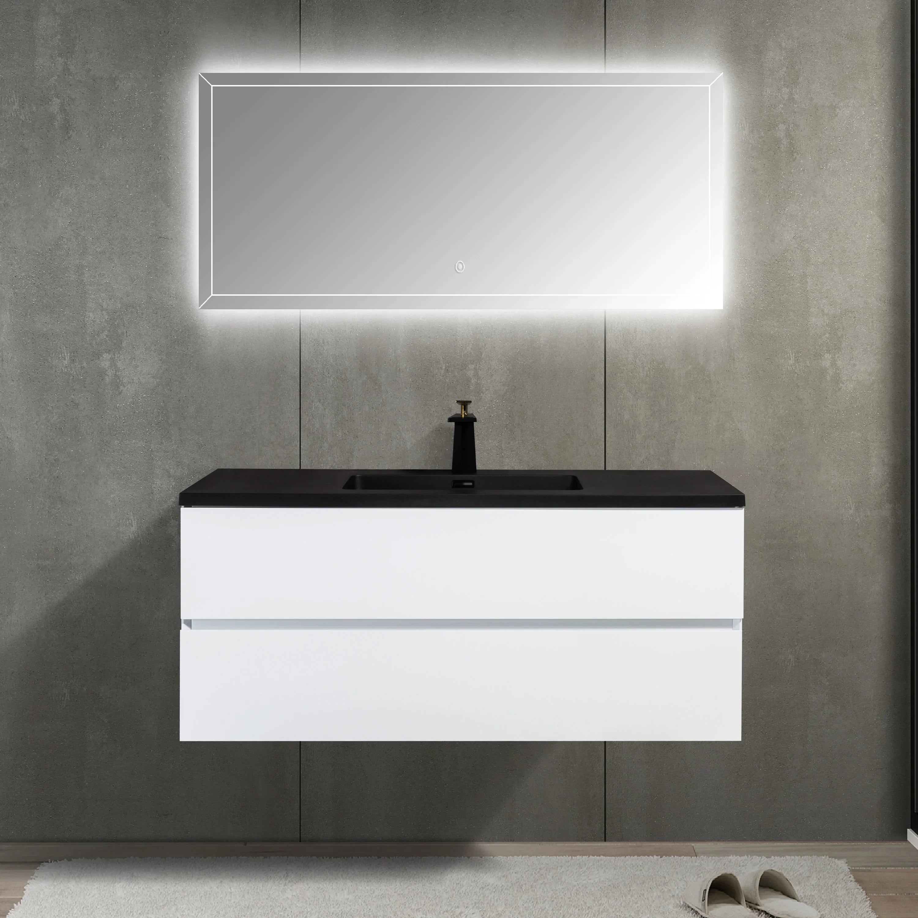 48" White Wall Mount Single Sink Bathroom Vanity with Black Engineered Quartz Countertop-Migration_Bathroom Vanities-DECOROLALA