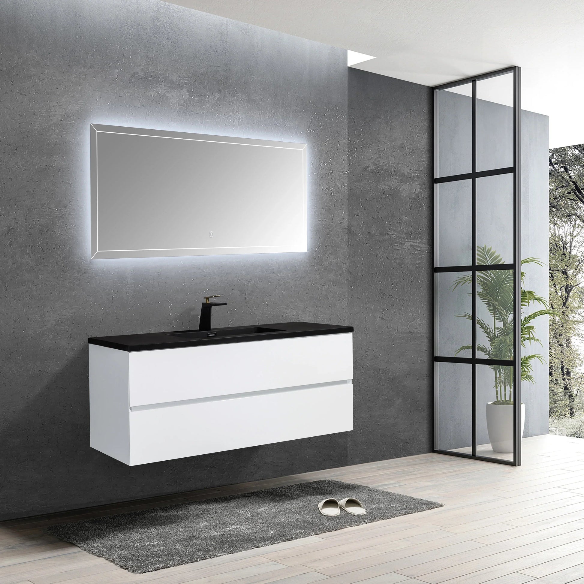 48" White Wall Mount Single Sink Bathroom Vanity with Black Engineered Quartz Countertop-Migration_Bathroom Vanities-DECOROLALA