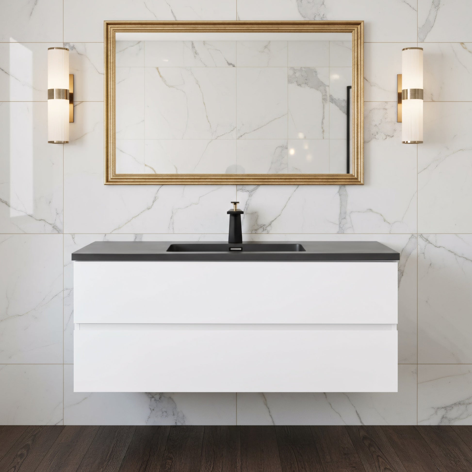 48" White Wall Mount Single Sink Bathroom Vanity with Black Engineered Quartz Countertop-Migration_Bathroom Vanities-DECOROLALA