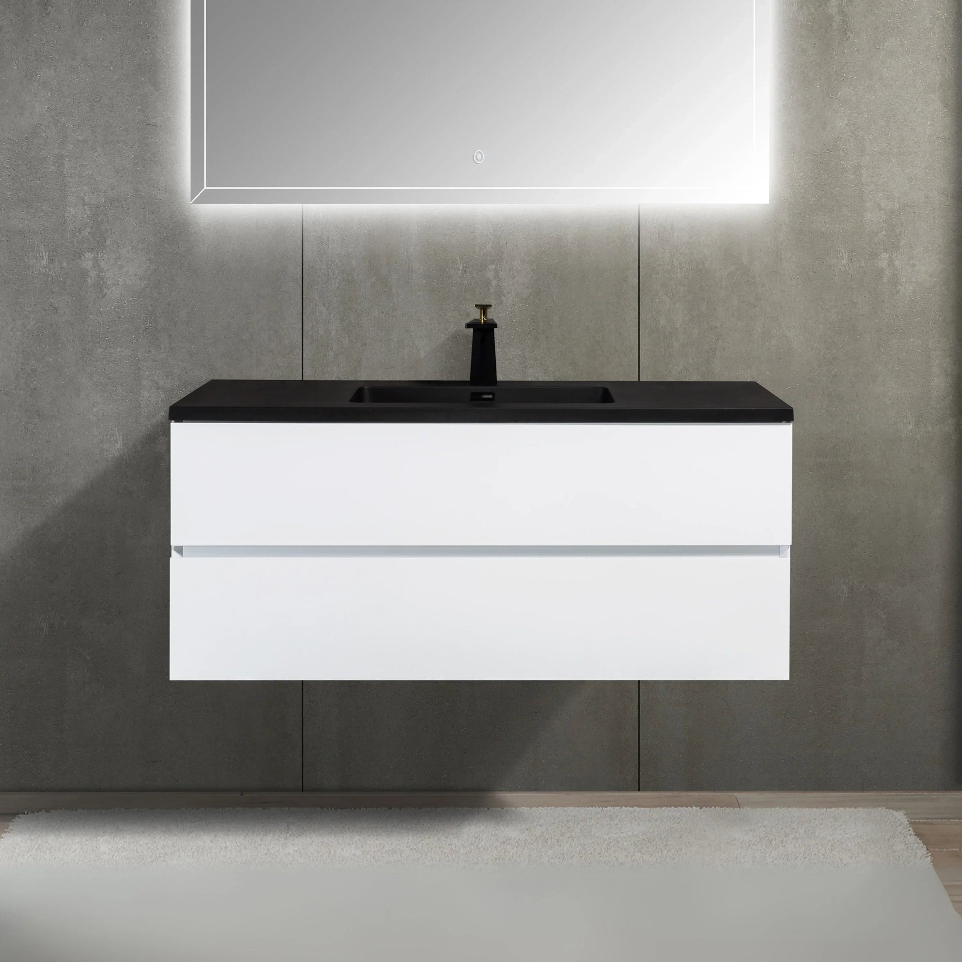 48" White Wall Mount Single Sink Bathroom Vanity with Black Engineered Quartz Countertop-Migration_Bathroom Vanities-DECOROLALA