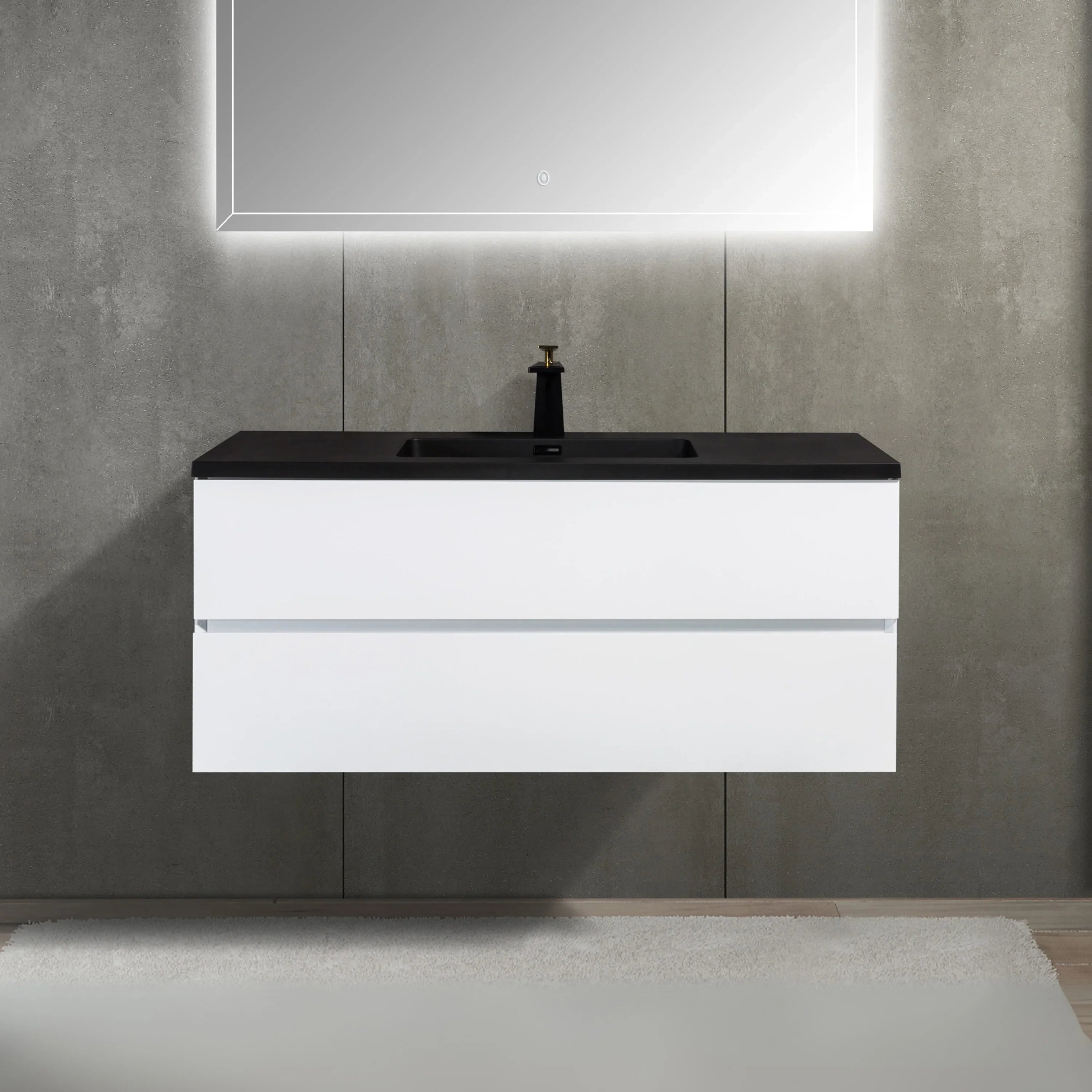 48" White Wall Mount Single Sink Bathroom Vanity with Black Engineered Quartz Countertop-Migration_Bathroom Vanities-DECOROLALA