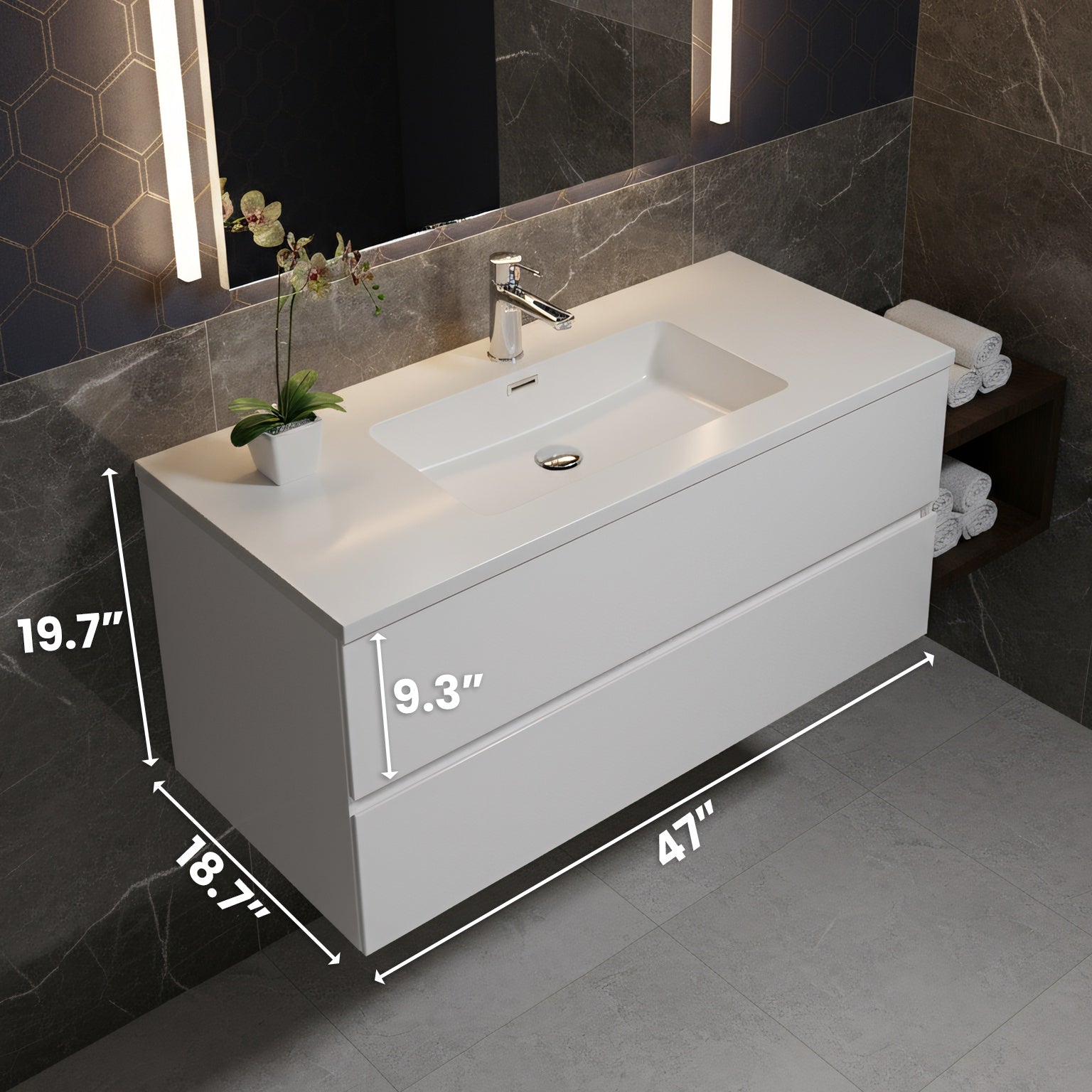 48" White Wall Mount Single Sink Bathroom Vanity with White Polymarble Countertop-Migration_Bathroom Vanities-DECOROLALA