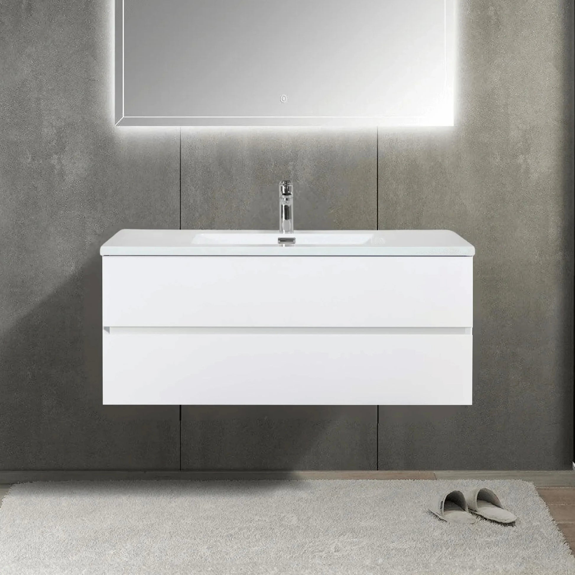 48" White Wall Mount Single Sink Bathroom Vanity with White Polymarble Countertop-Migration_Bathroom Vanities-DECOROLALA