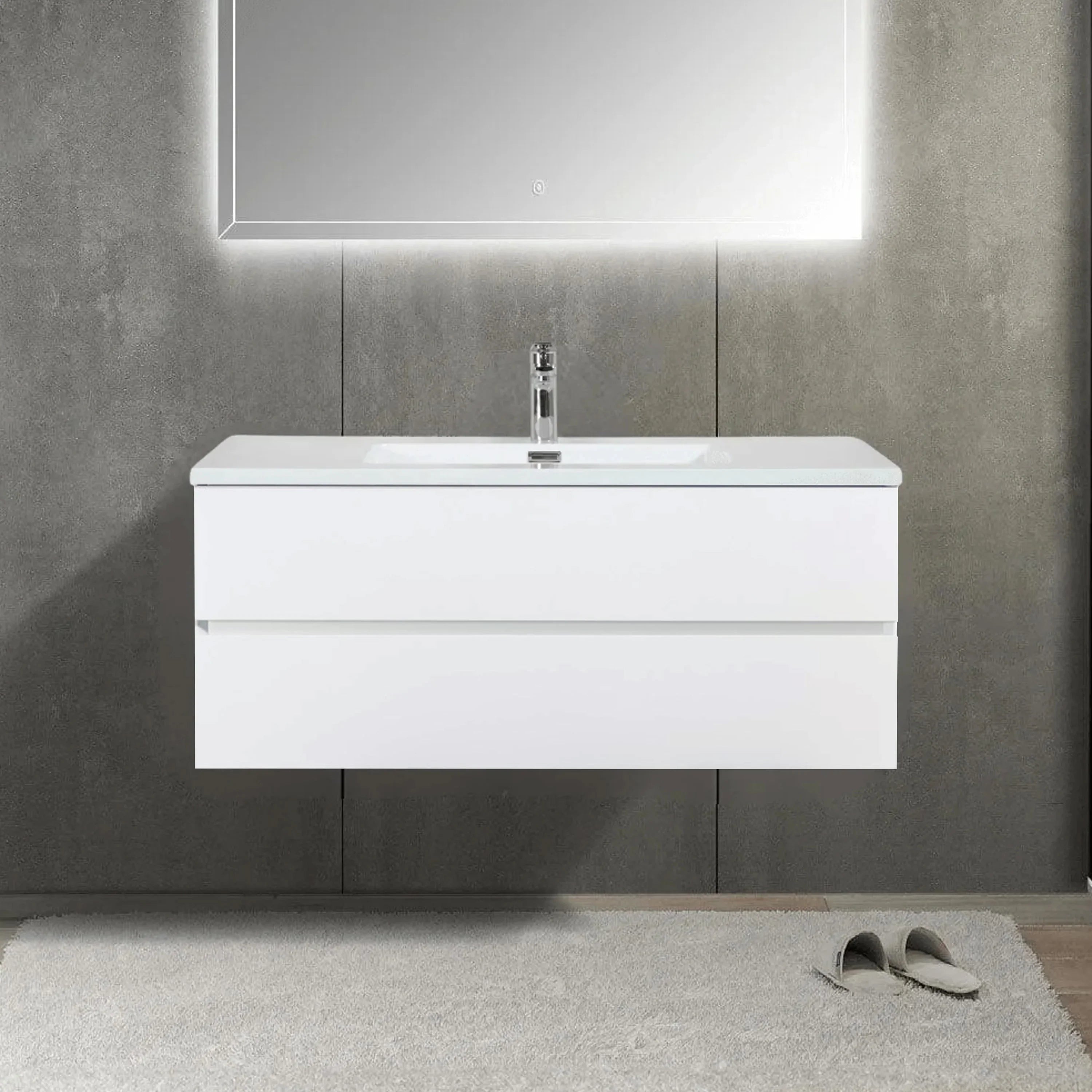 48" White Wall Mount Single Sink Bathroom Vanity with White Polymarble Countertop-Migration_Bathroom Vanities-DECOROLALA