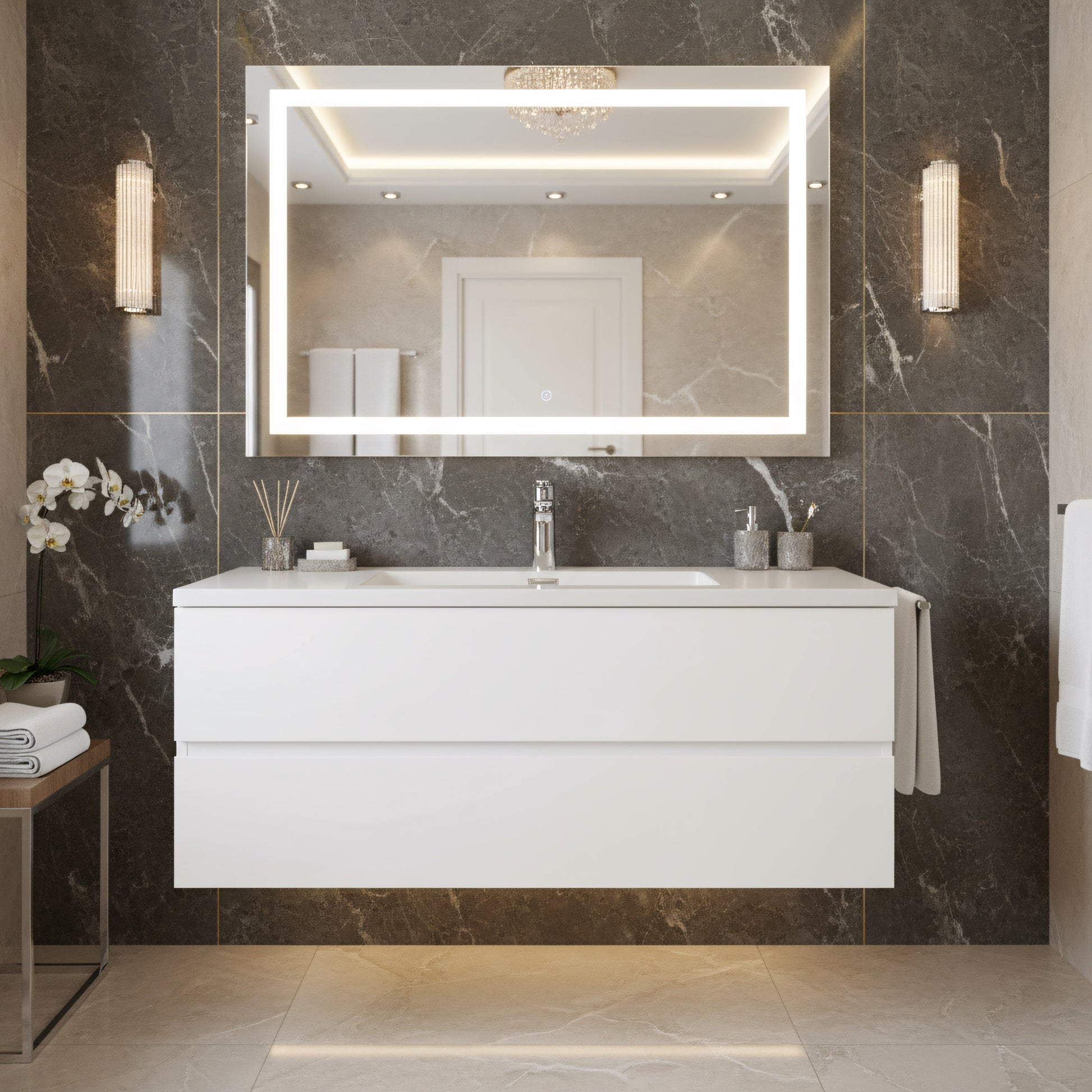 48" White Wall Mount Single Sink Bathroom Vanity with White Polymarble Countertop-Migration_Bathroom Vanities-DECOROLALA