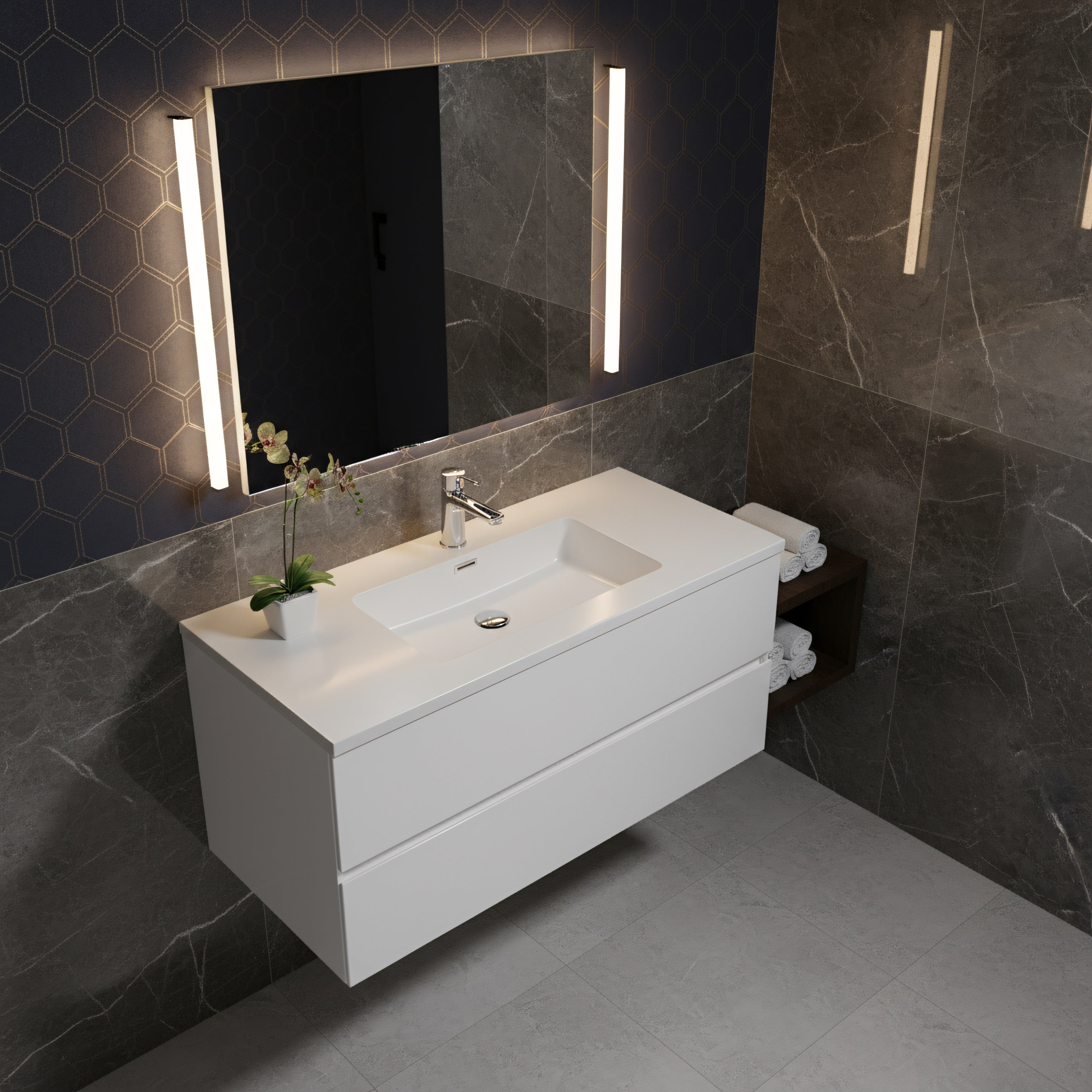 48" White Wall Mount Single Sink Bathroom Vanity with White Polymarble Countertop-Migration_Bathroom Vanities-DECOROLALA