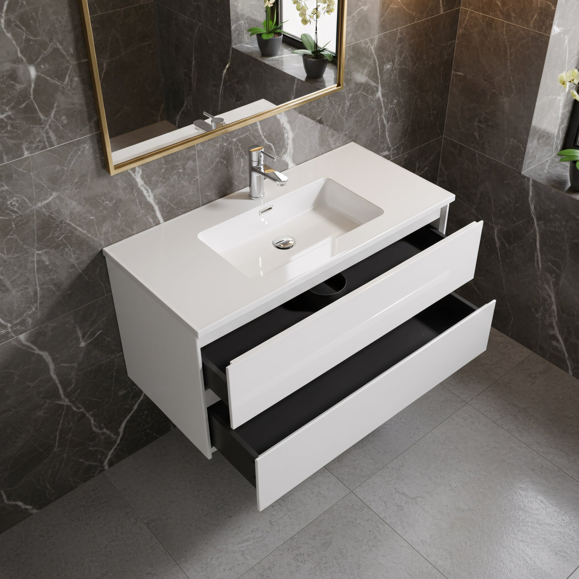 48" White Wall Mount Single Sink Bathroom Vanity with White Polymarble Countertop-Migration_Bathroom Vanities-DECOROLALA