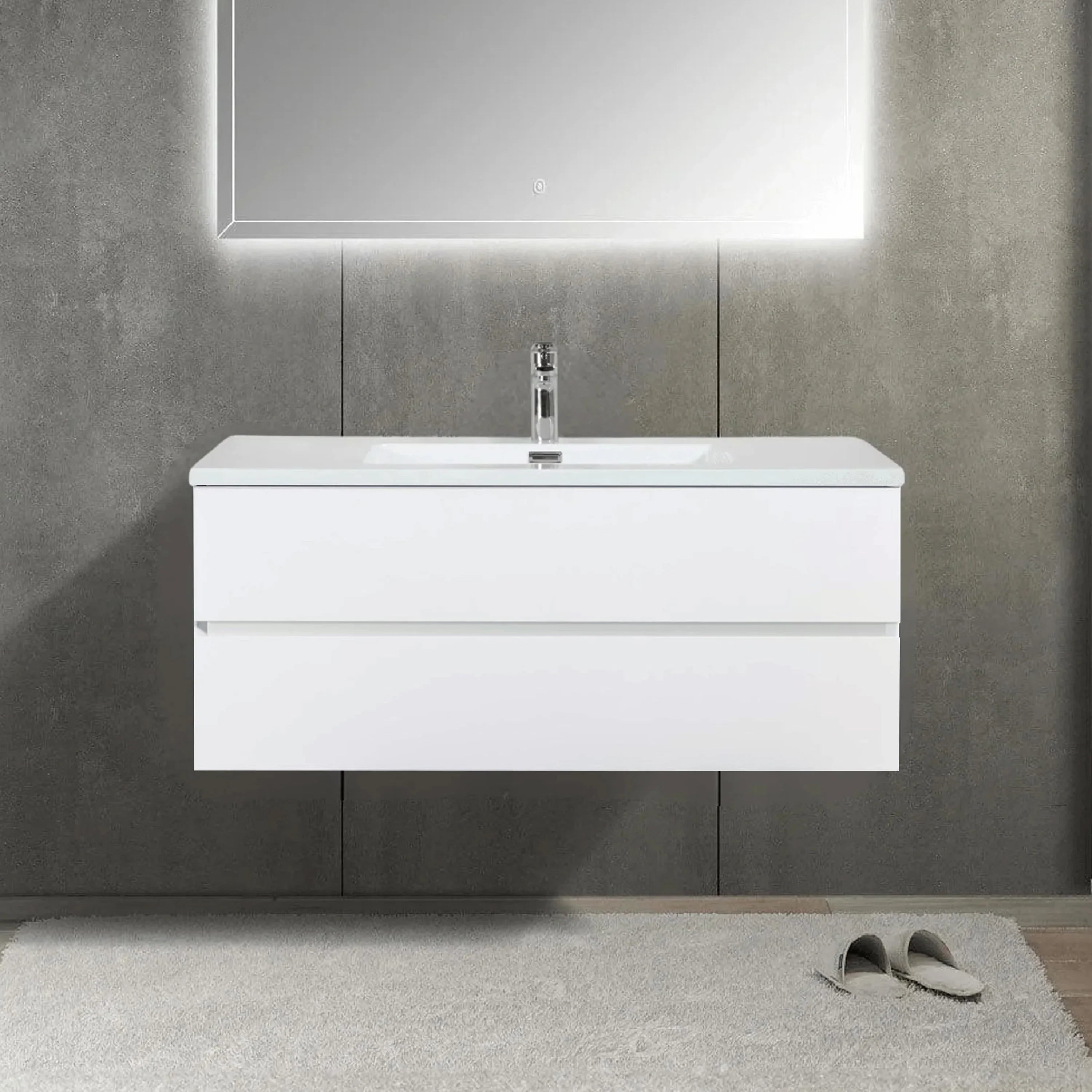 48" White Wall Mount Single Sink Bathroom Vanity with White Polymarble Countertop-Migration_Bathroom Vanities-DECOROLALA