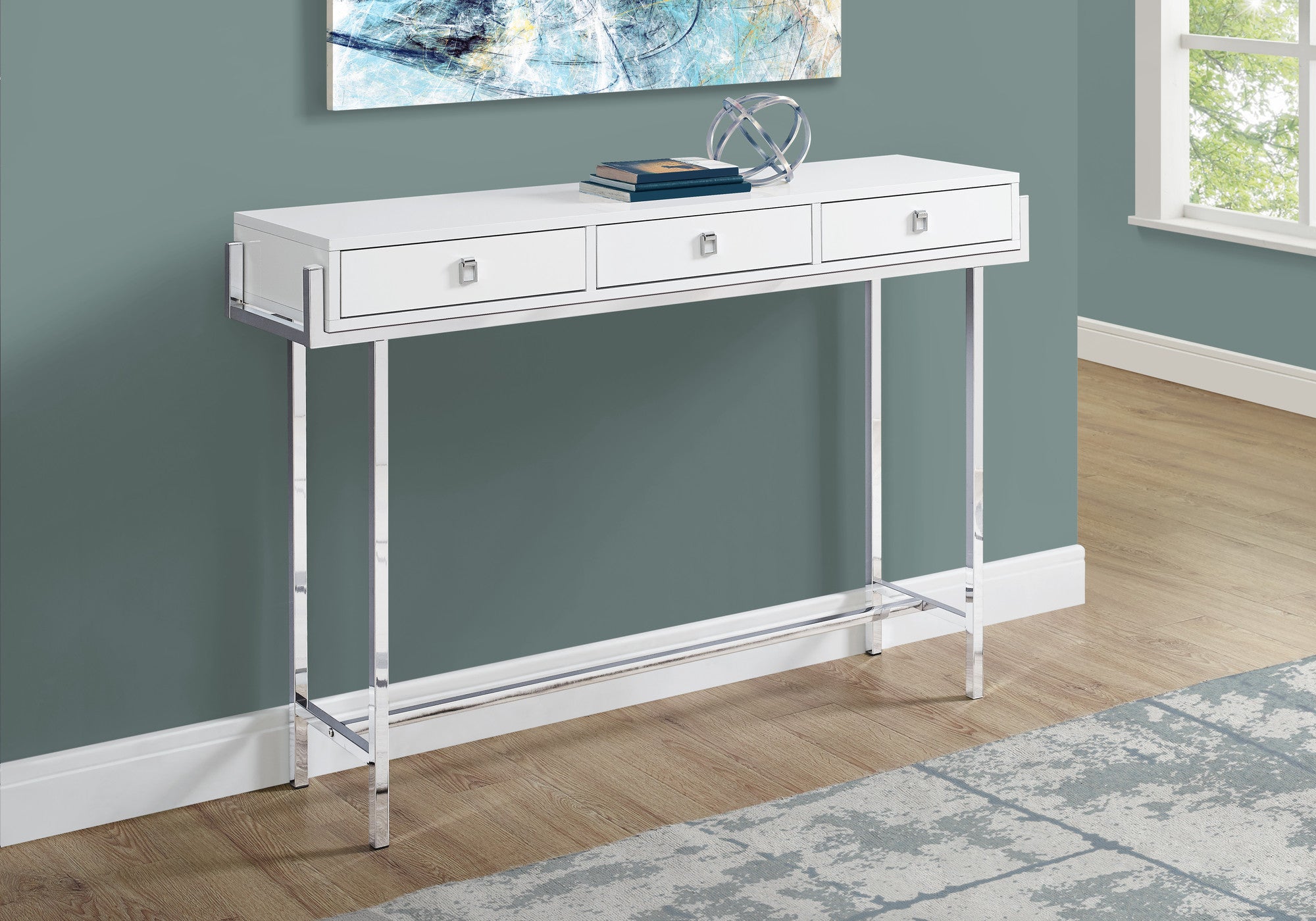 48" White and Silver Console Table And Drawers-Console Tables-DECOROLALA